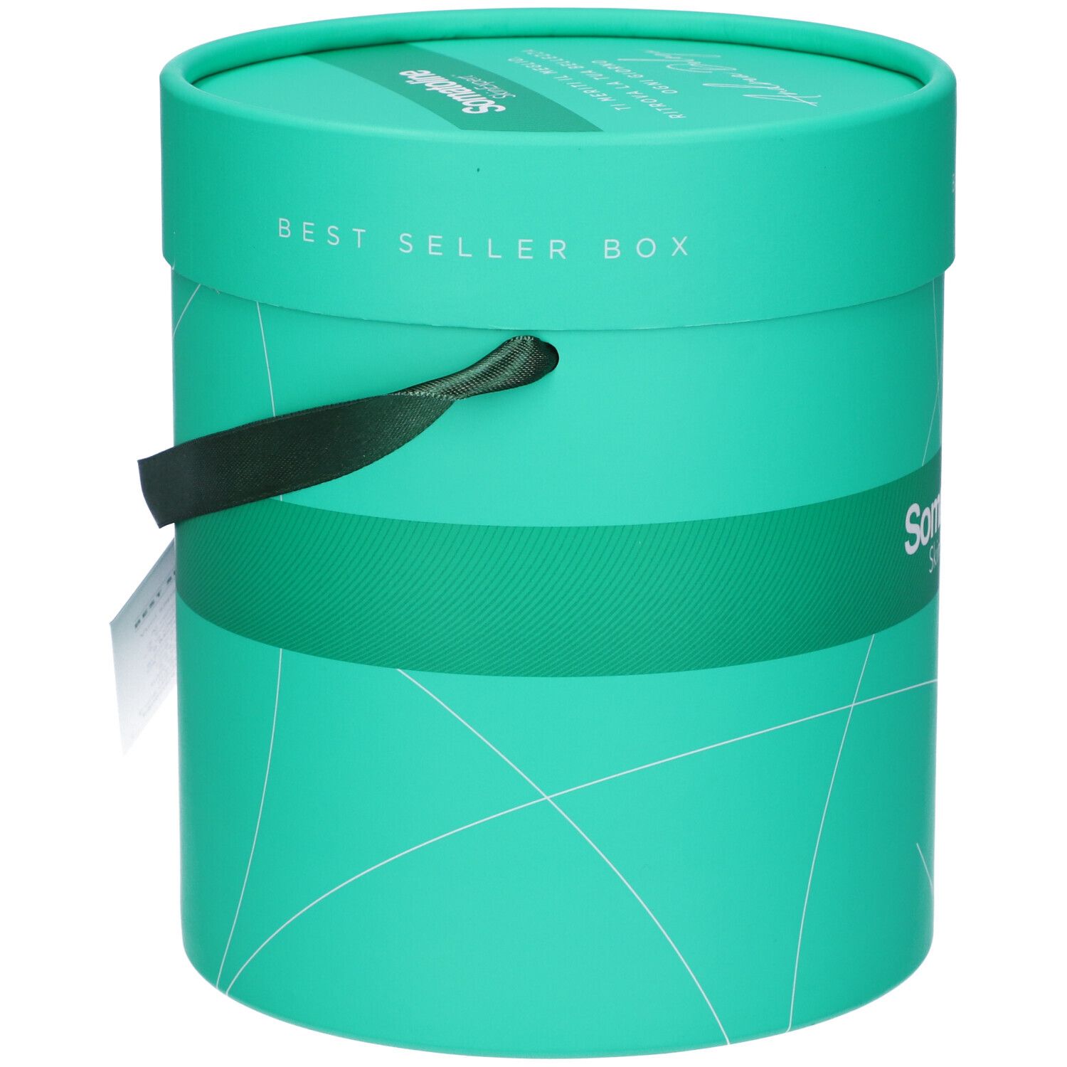 Scatola cilindrica turchese con scritta BEST SELLER BOX. Nastro verde e nero. Scritta Somatoline SkinExpert.