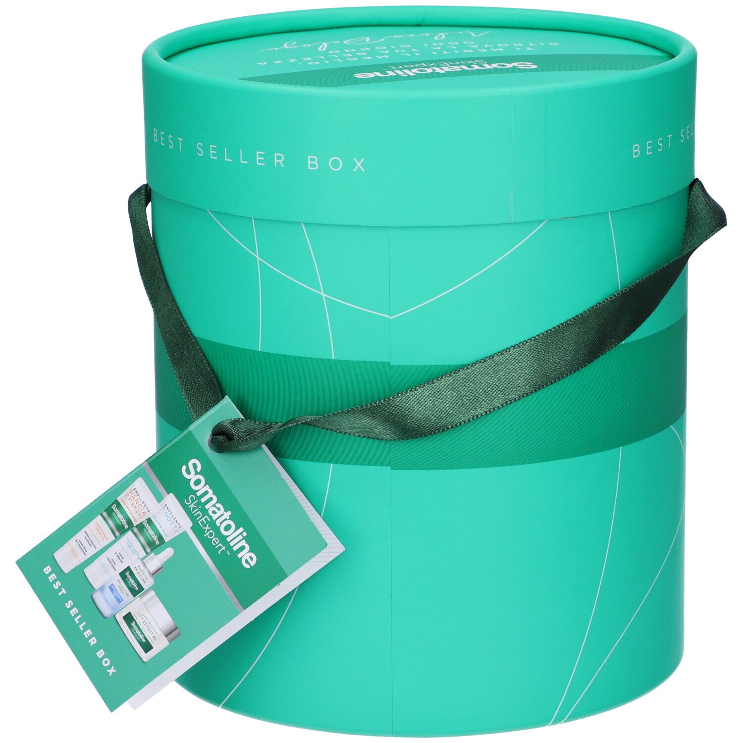 Scatola cilindrica turchese con etichetta. Scritta BEST SELLER BOX. Nastro verde. Scritta Somatoline SkinExpert.