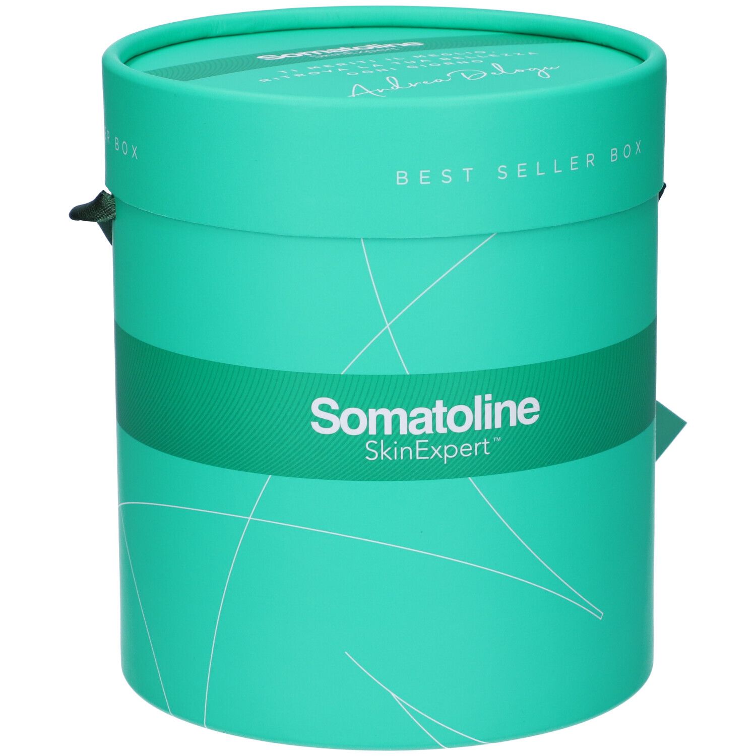 Scatola cilindrica turchese con Somatoline SkinExpert. Scritta BEST SELLER BOX. Motivo bianco e nastro nero.