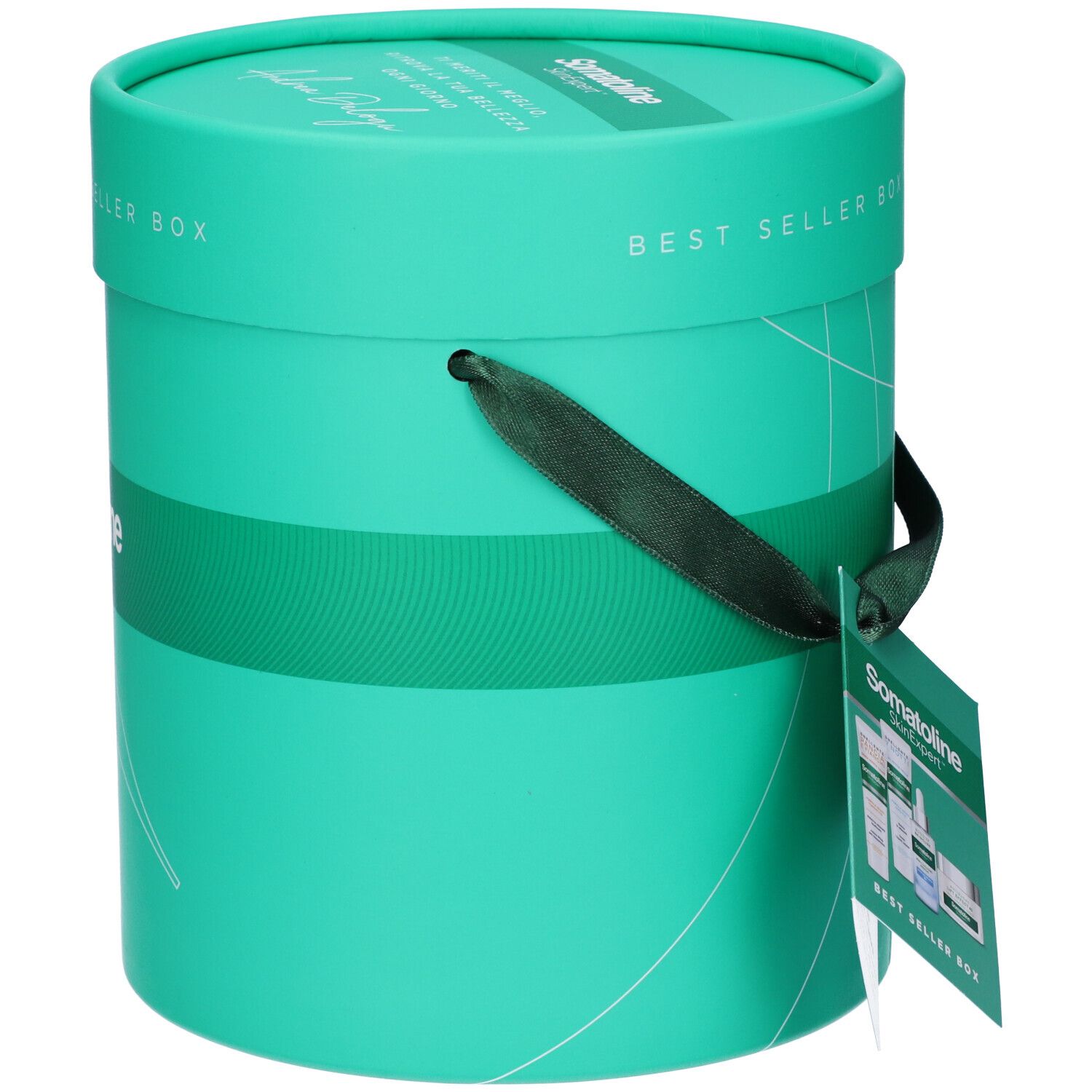 Scatola cilindrica turchese con etichetta. Scritta BEST SELLER BOX. Nastro verde. Scritta Somatoline SkinExpert.