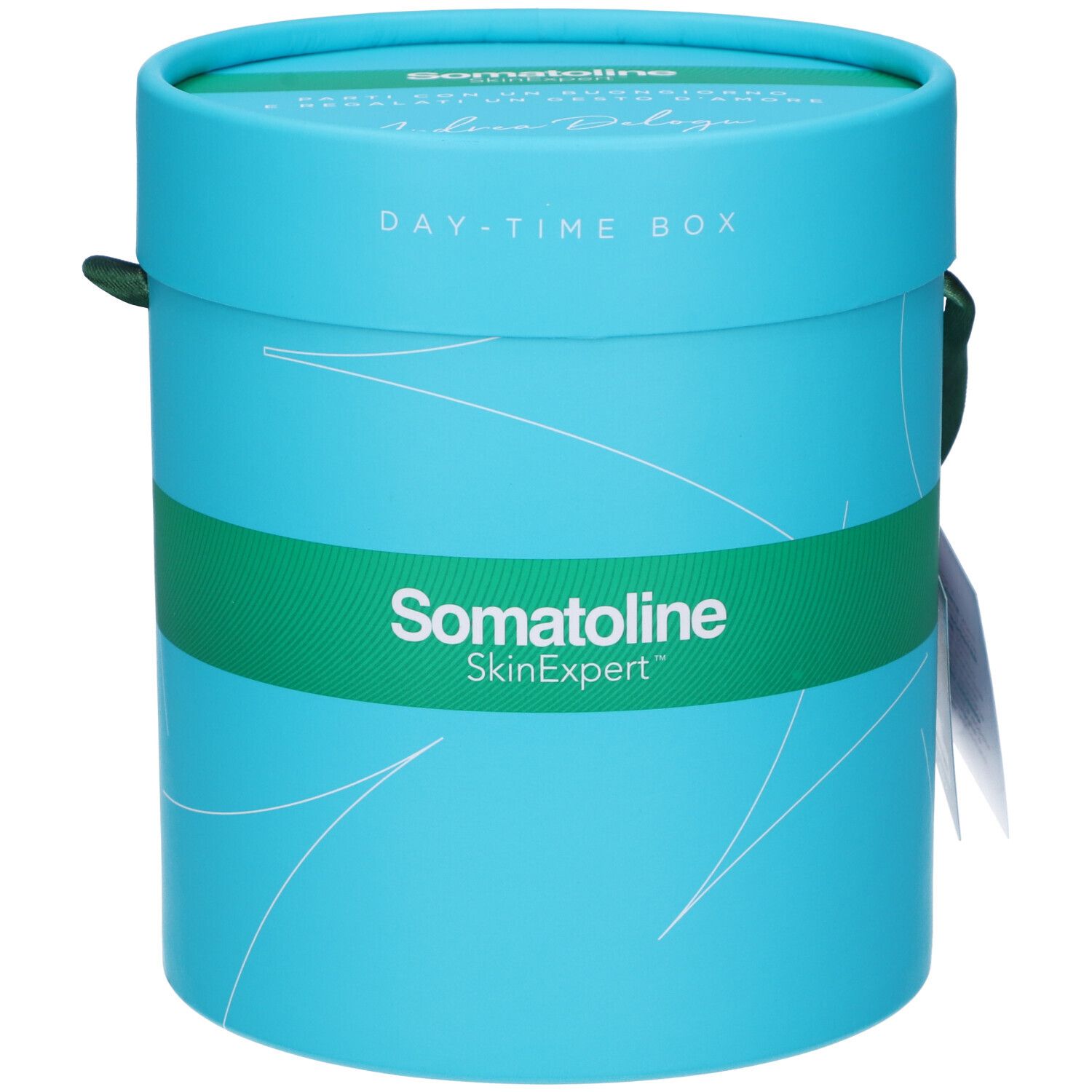 Scatola cilindrica turchese con fascia verde. Scritta "Somatoline SkinExpert". Coperchio con "Day-Time Box".