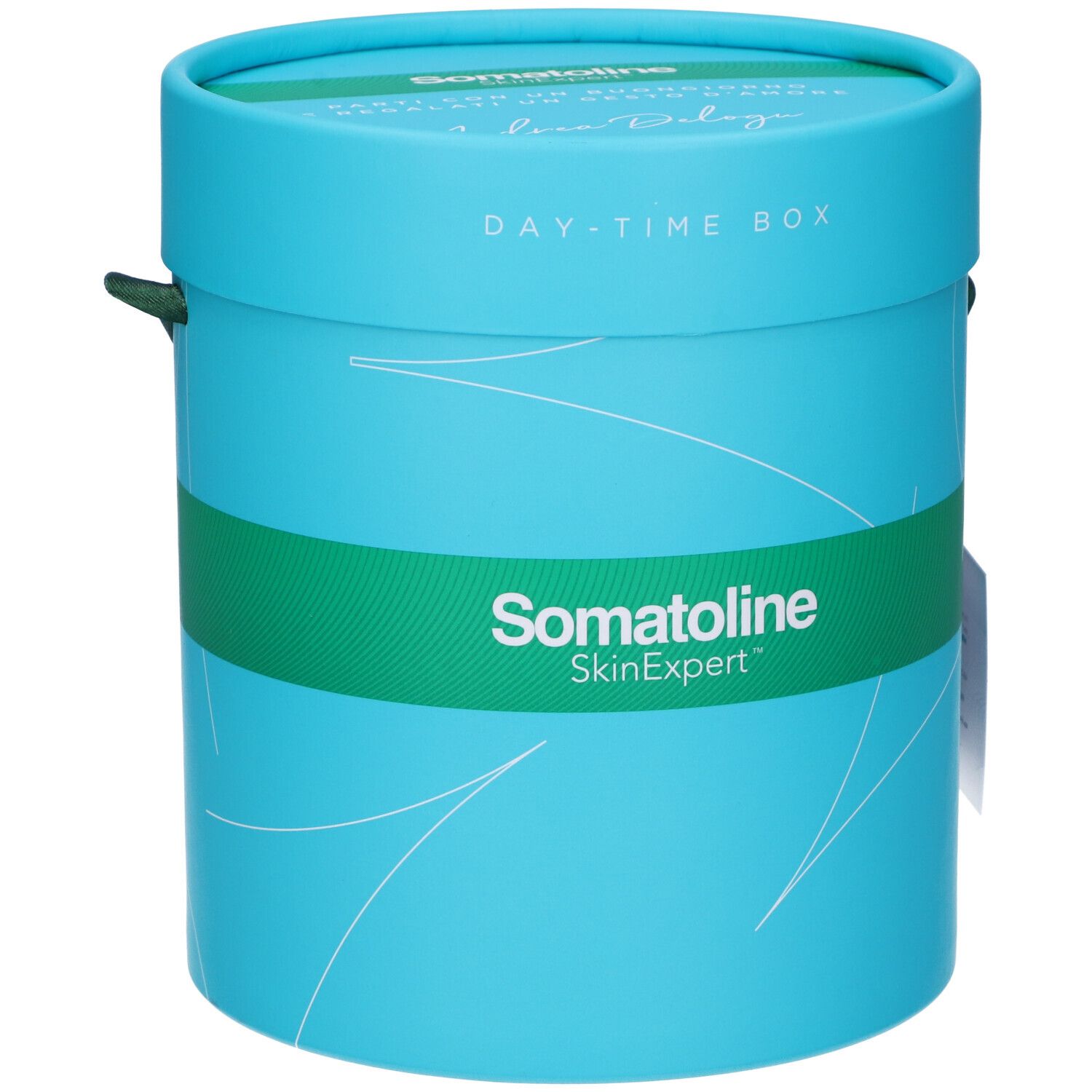 Scatola cilindrica turchese con fascia verde. Scritta "Somatoline SkinExpert". Coperchio con "Day-Time Box".