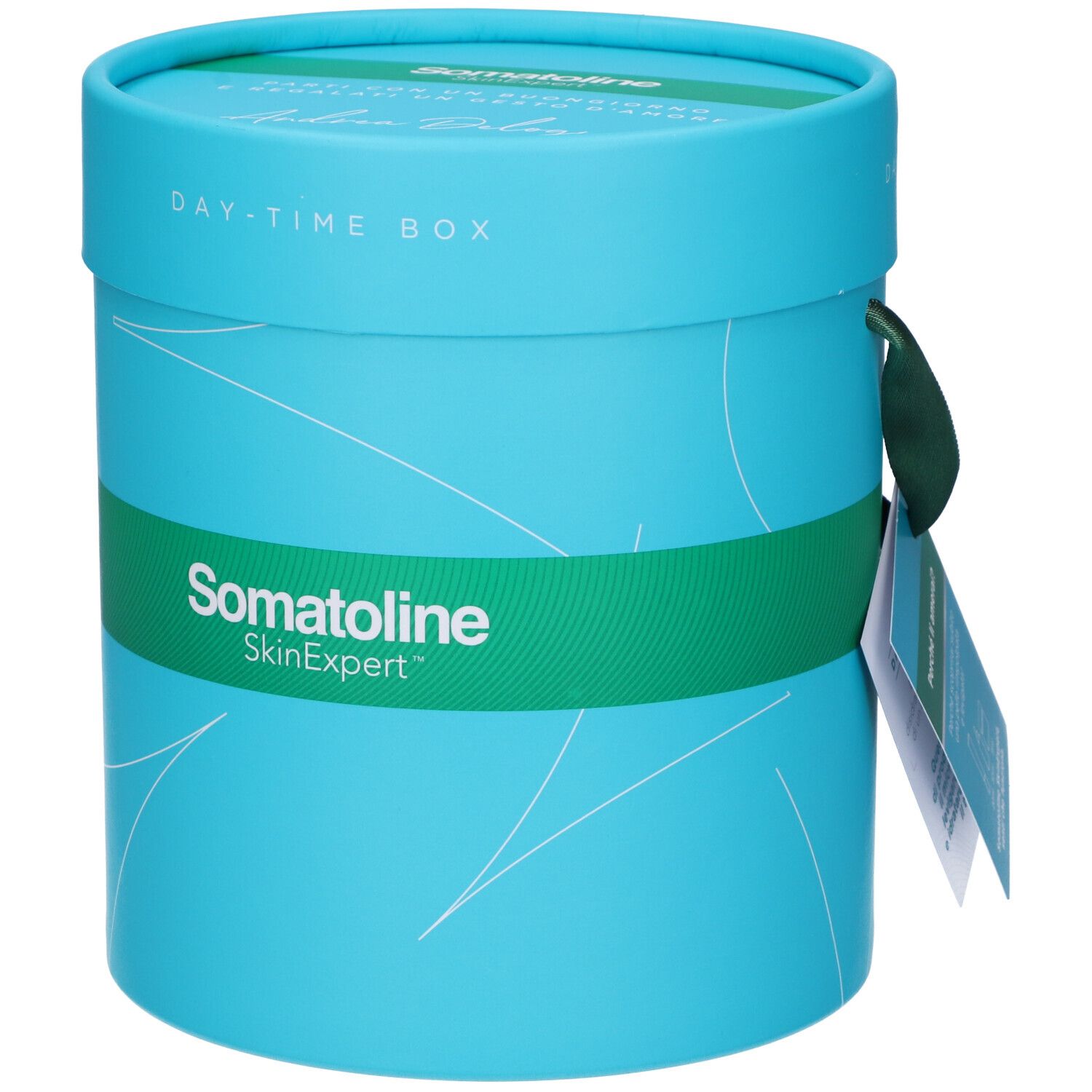 Scatola cilindrica turchese con fascia verde. Scritta "Somatoline SkinExpert". Coperchio con "Day-Time Box". Cartellino.