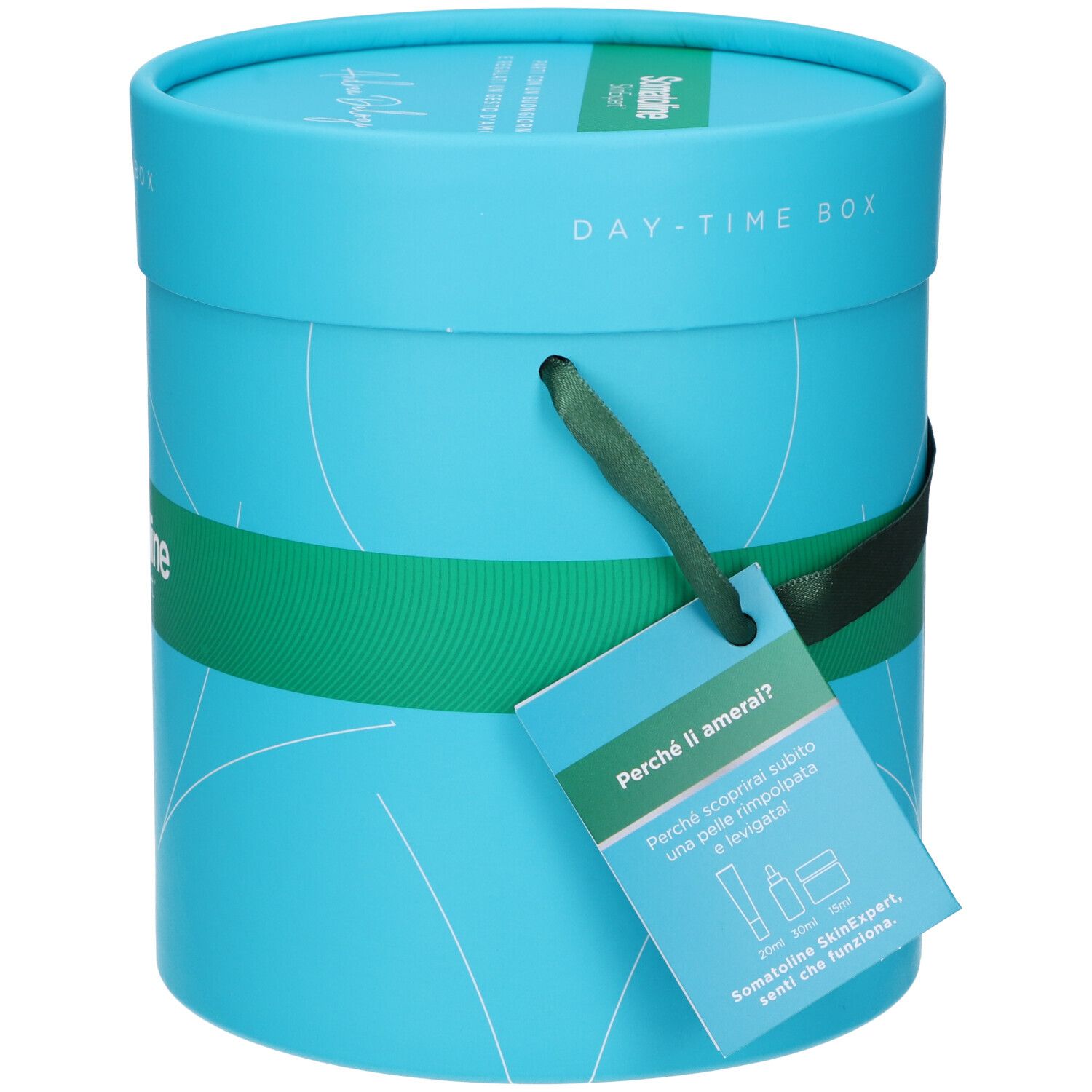 Scatola cilindrica turchese con fascia verde. Scritta "Somatoline SkinExpert". Coperchio con "Day-Time Box". Cartellino con testo.