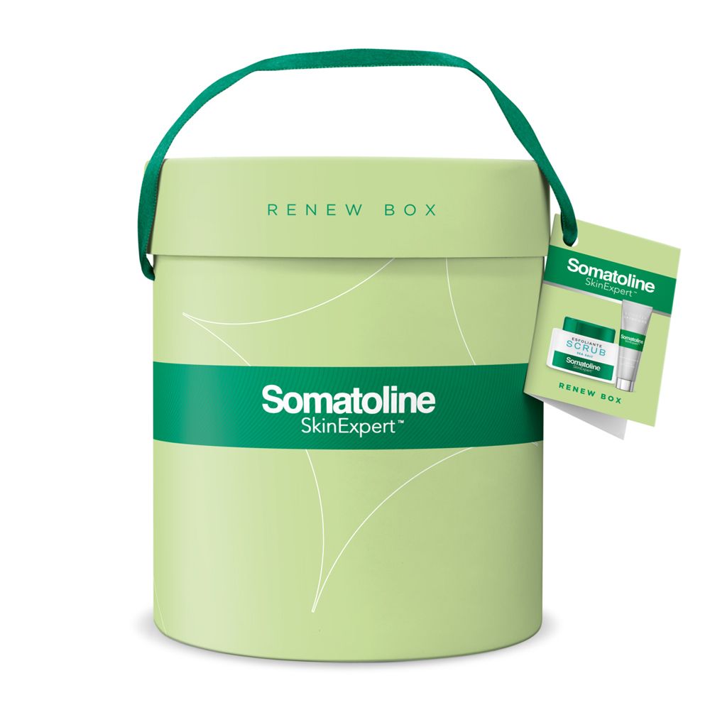 Confezione regalo cilindrica verde chiaro con nastro e manico verdi. Scritta Somatoline SkinExpert, Renew Box. Cartellino con illustrazione del prodotto.
