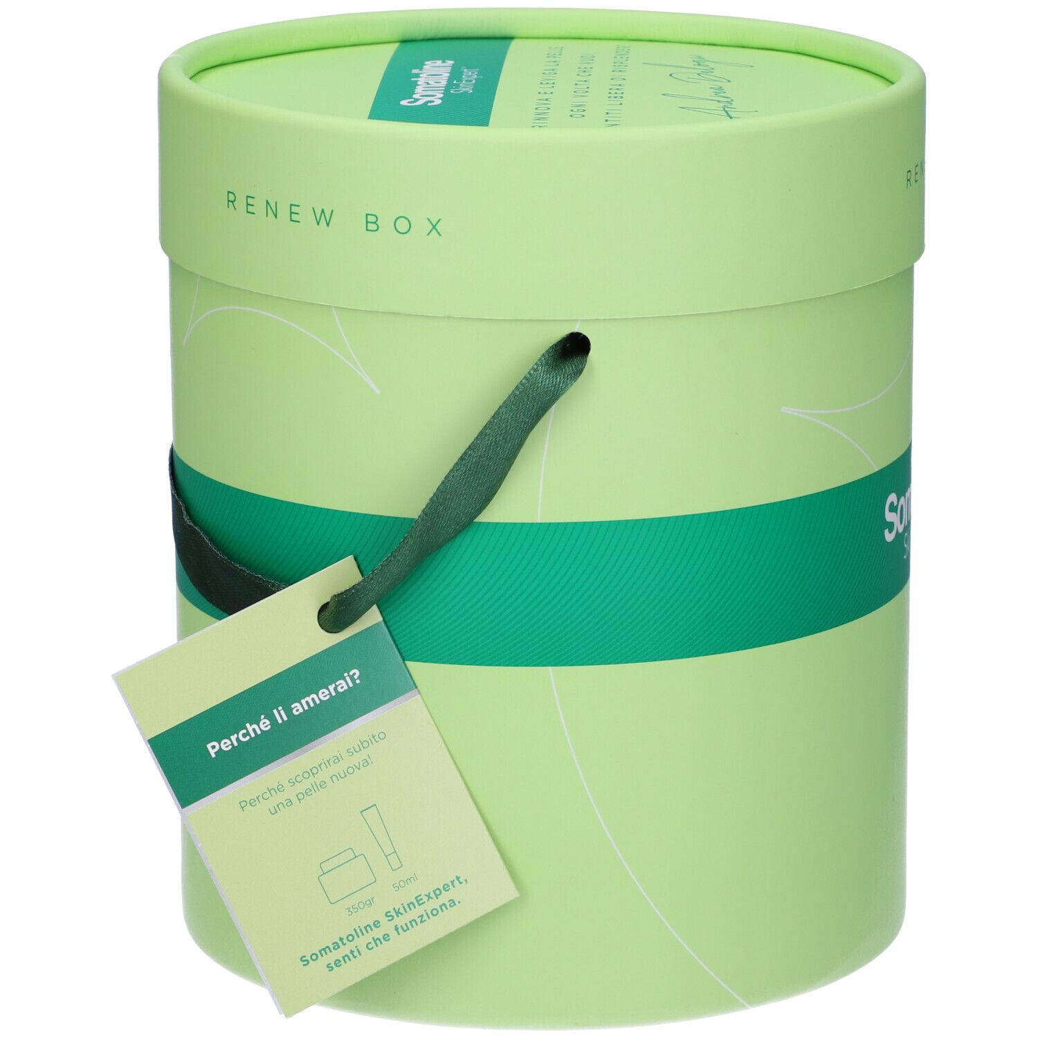 Confezione regalo cilindrica verde chiaro con nastro verde. Scritta Renew Box. Cartellino con illustrazione del prodotto e testo in italiano.