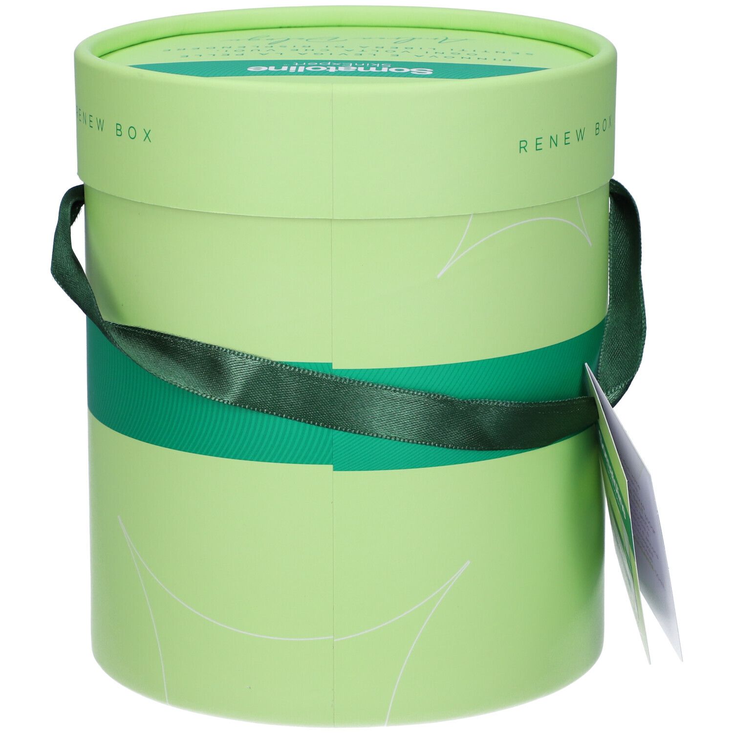 Confezione regalo cilindrica verde chiaro con nastro verde. Scritta Renew Box. Cartellino con illustrazione del prodotto.