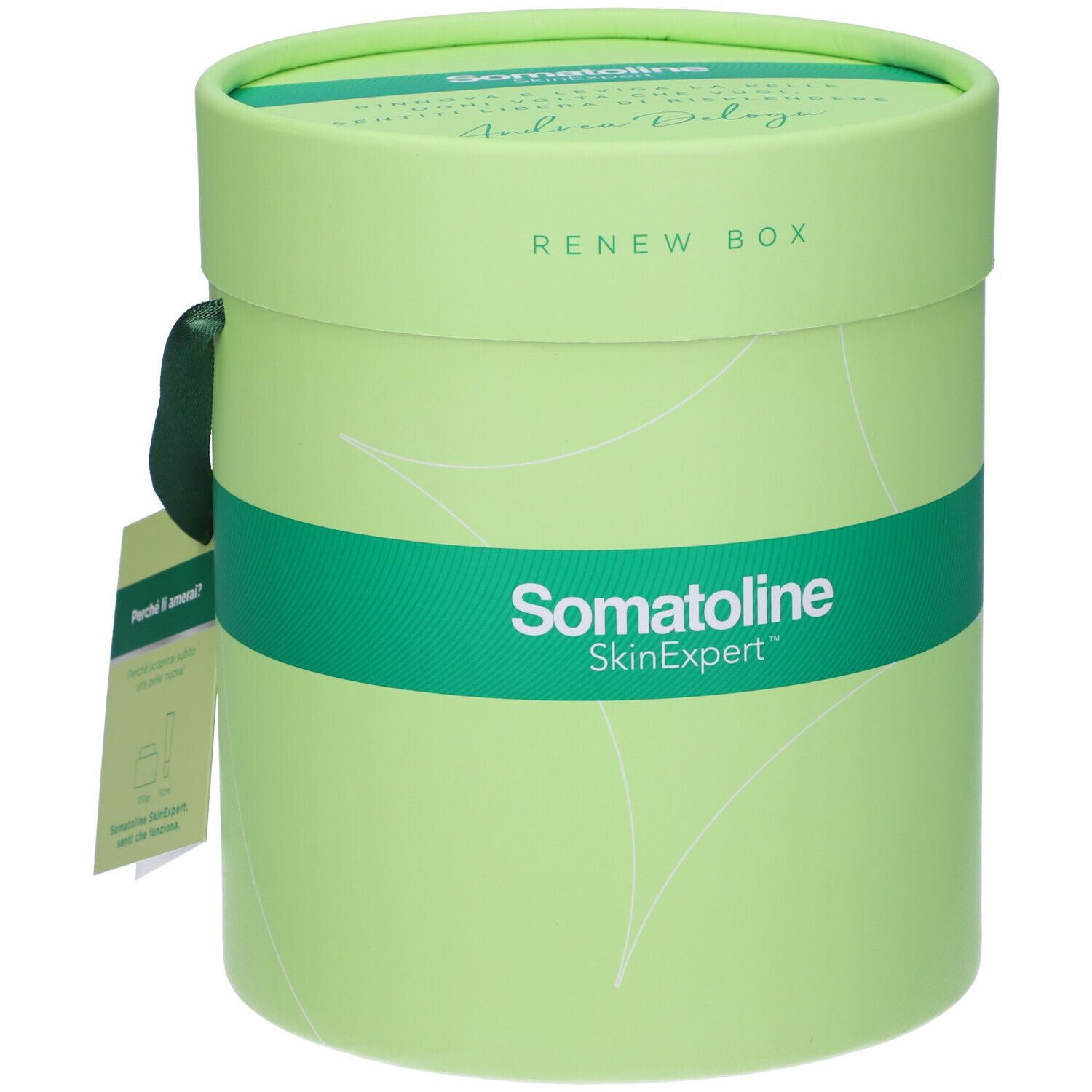 Confezione regalo cilindrica verde chiaro con nastro verde. Scritta Renew Box e Somatoline SkinExpert. Cartellino con illustrazione del prodotto.