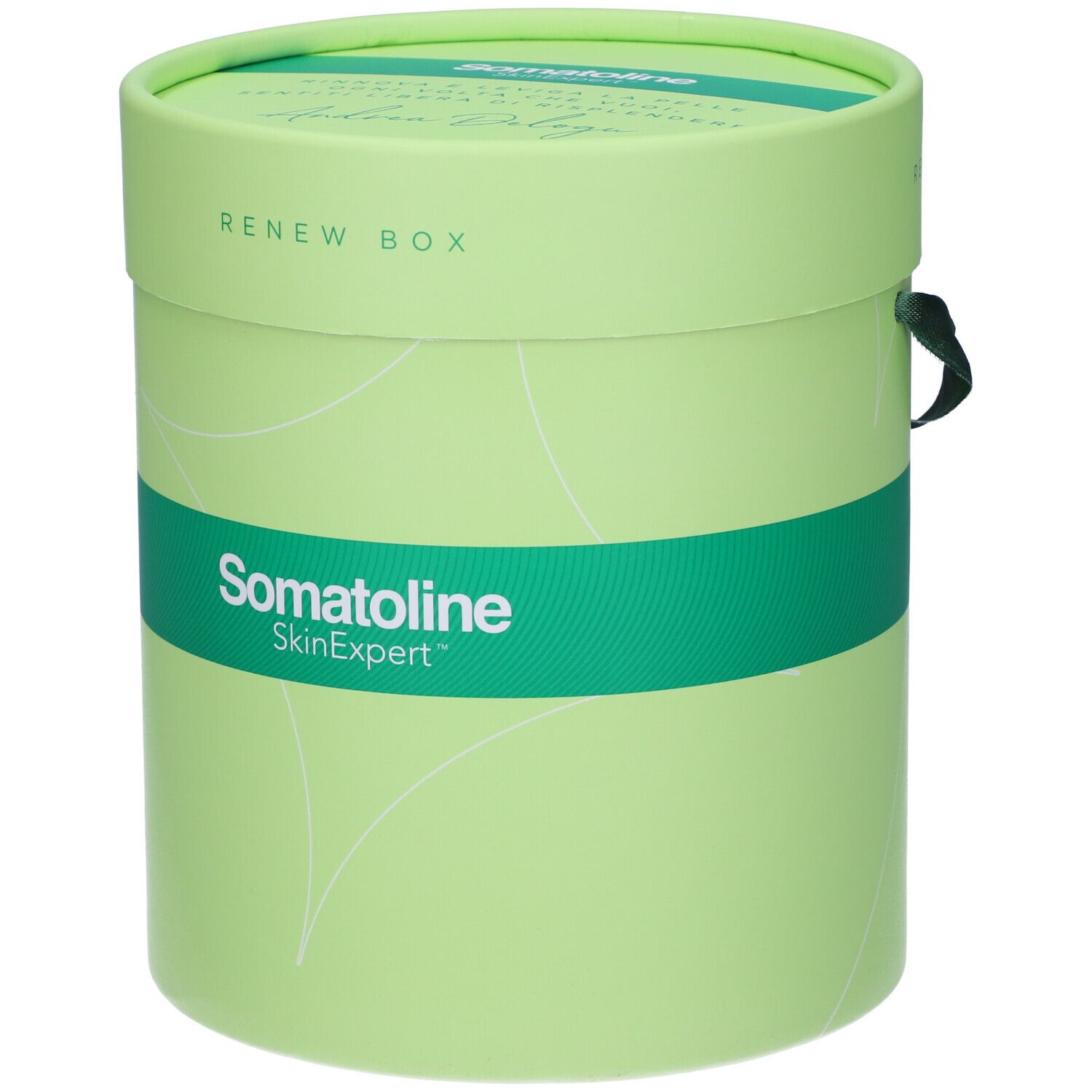Confezione regalo cilindrica verde chiaro con nastro verde. Scritta Renew Box e Somatoline SkinExpert.