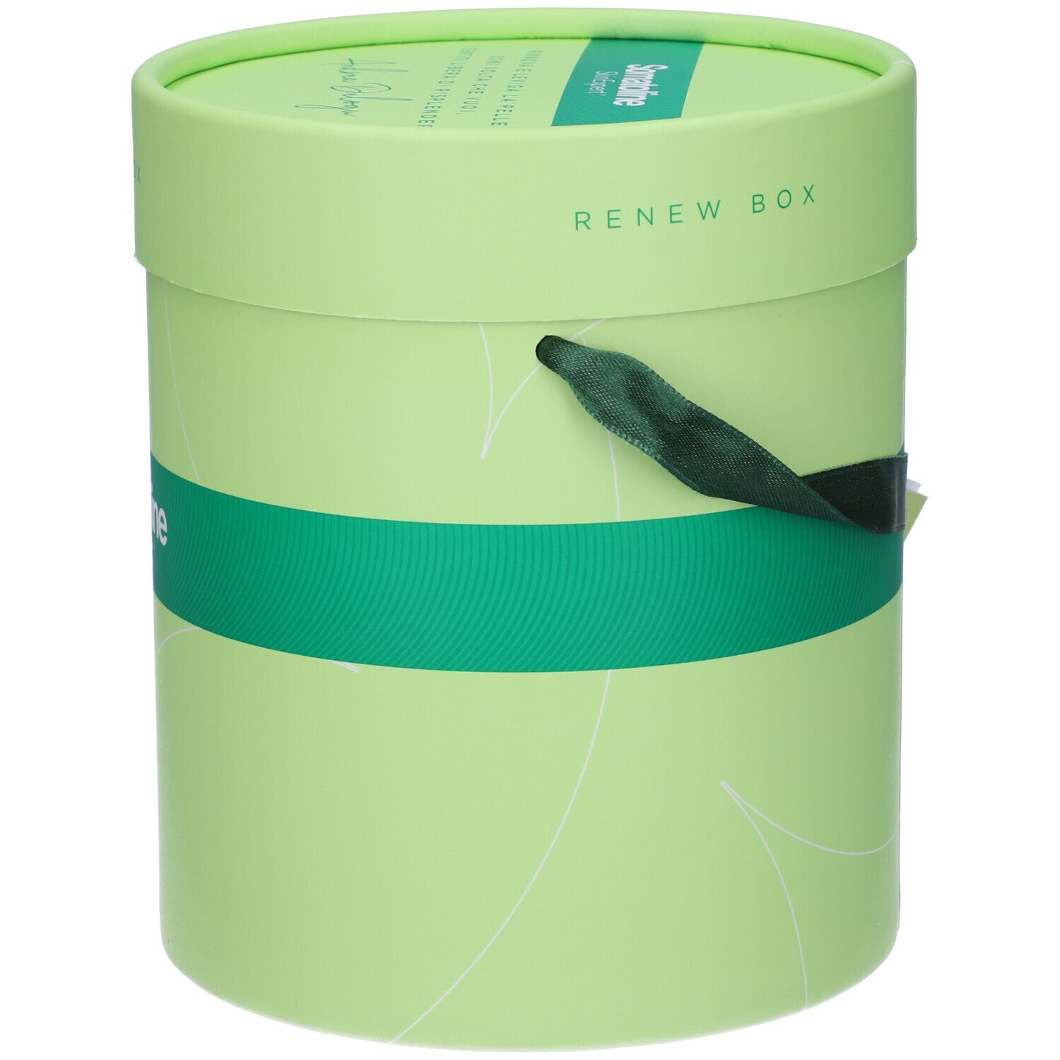 Confezione regalo cilindrica verde chiaro con nastro verde. Scritta Renew Box e Somatoline.