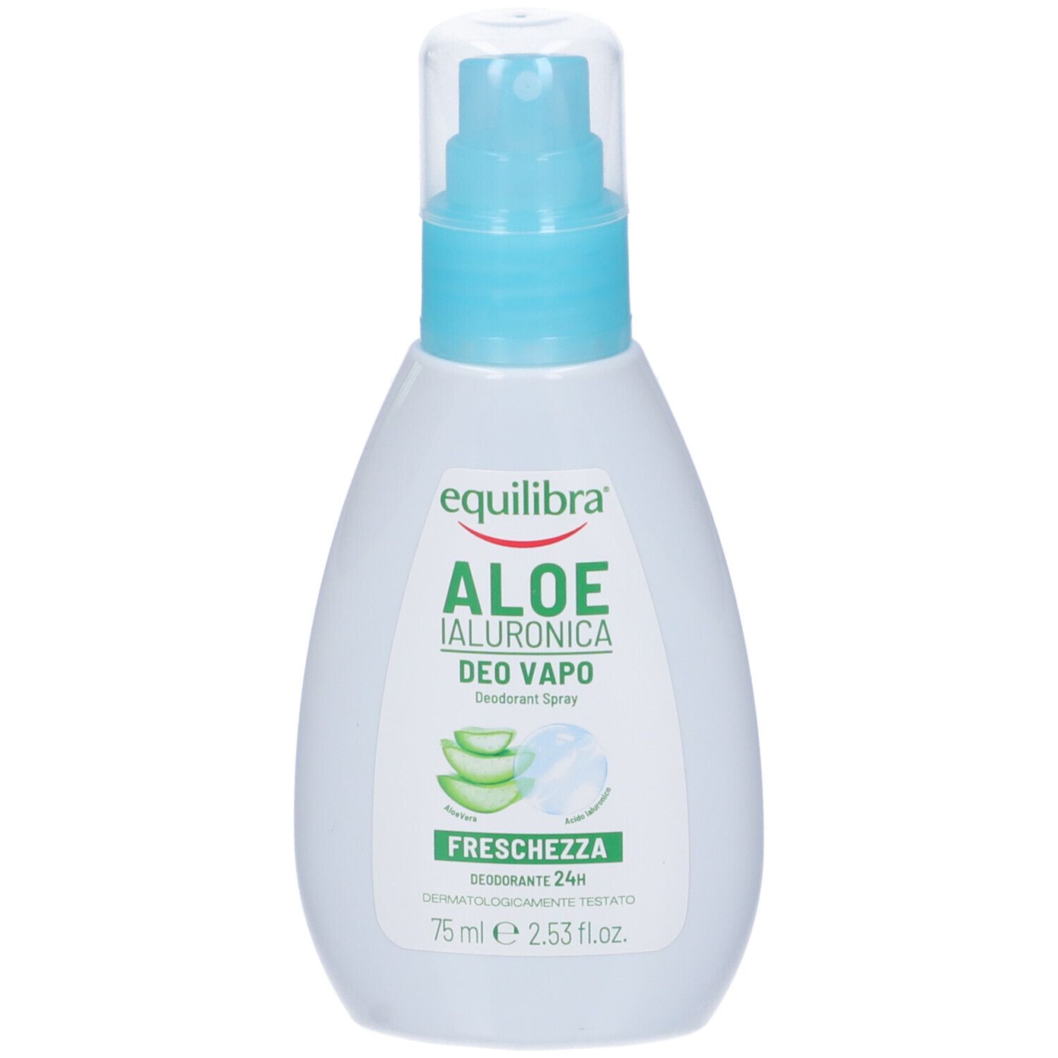 Spray deodorante con erogatore blu. Scritta: Aloe Ialuronica Deo Vapo. Confezione verde e bianca con immagine di aloe vera.