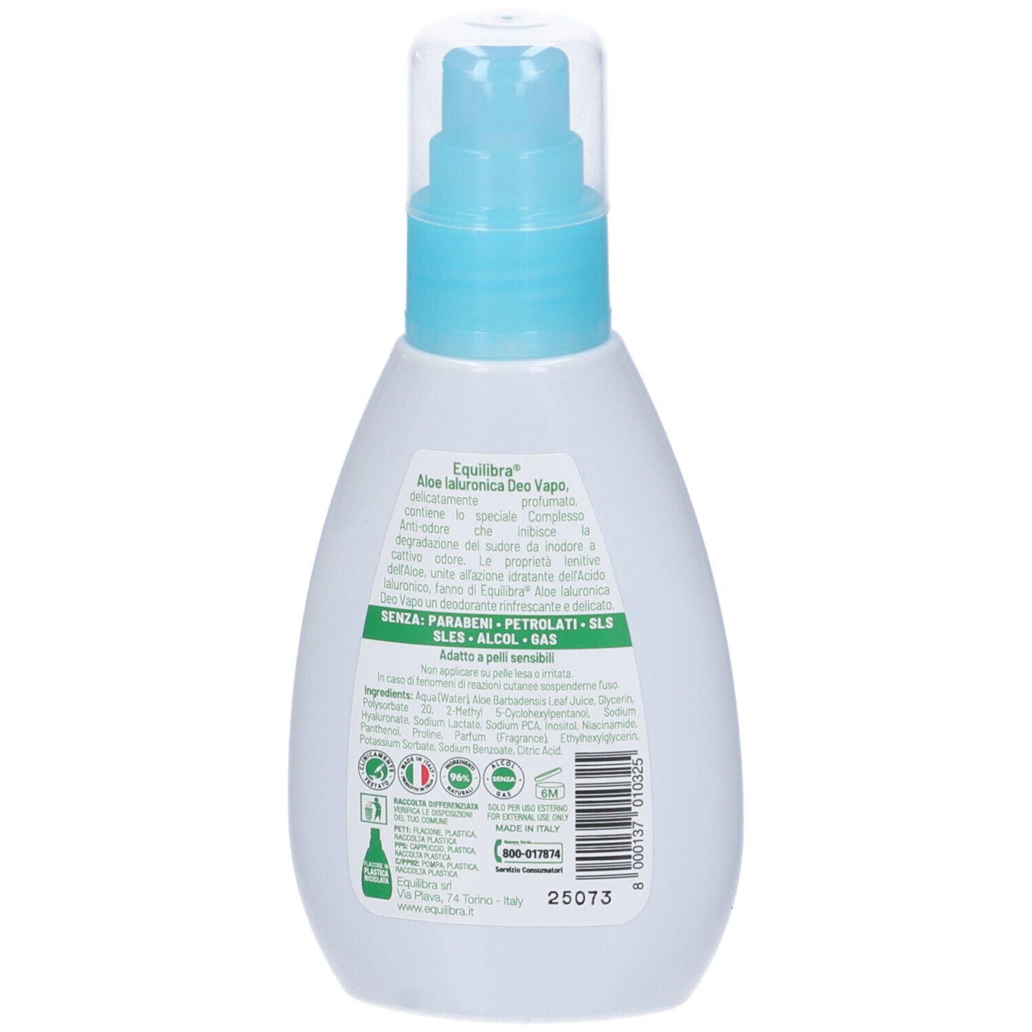 Retro del flacone spray deodorante. Informazioni testuali e loghi. Scritta: Equilibra Aloe Ialuronica Deo Vapo.