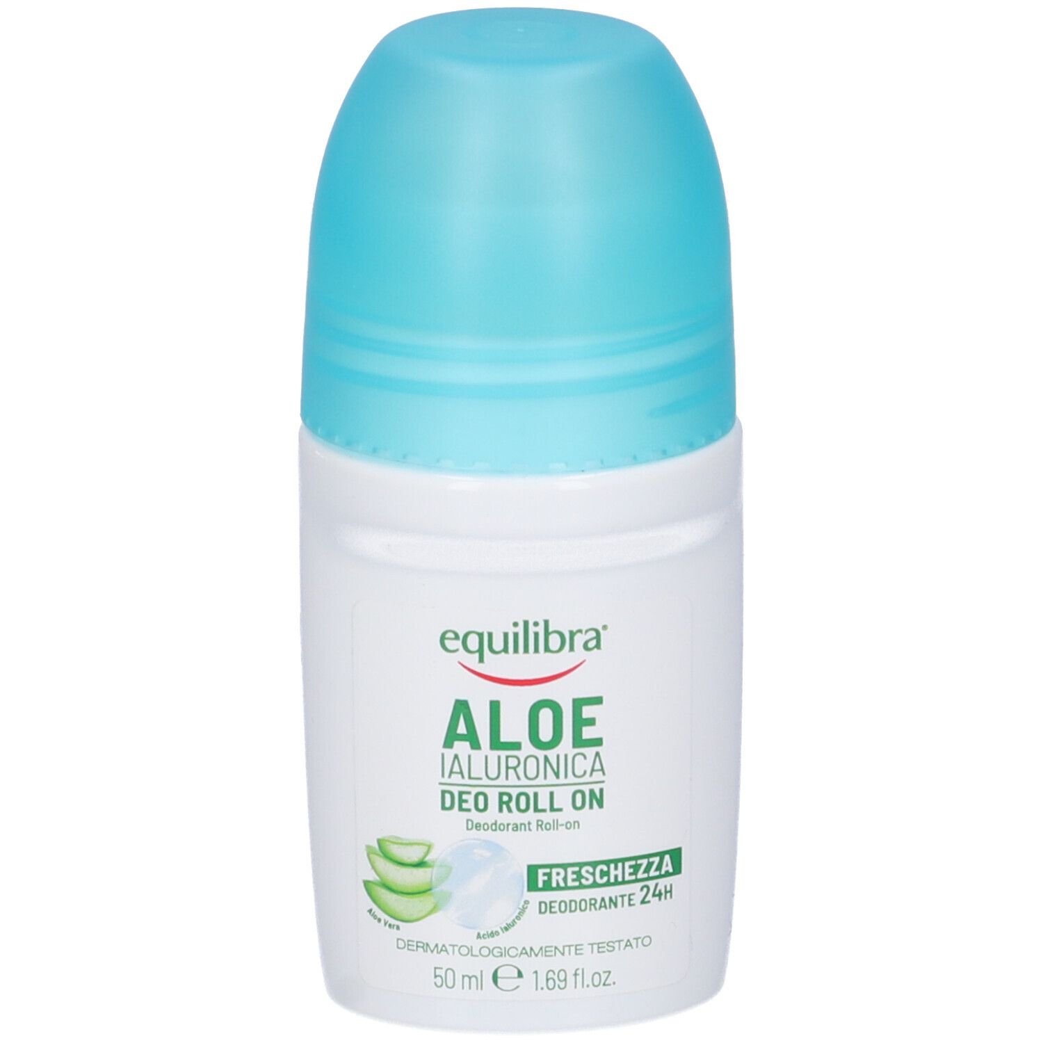 Deodorante roll-on. Contenitore bianco, tappo blu. Testo: Equilibra Aloe Ialuronica Deo Roll On. Freschezza 24h. Dermatologicamente testato.