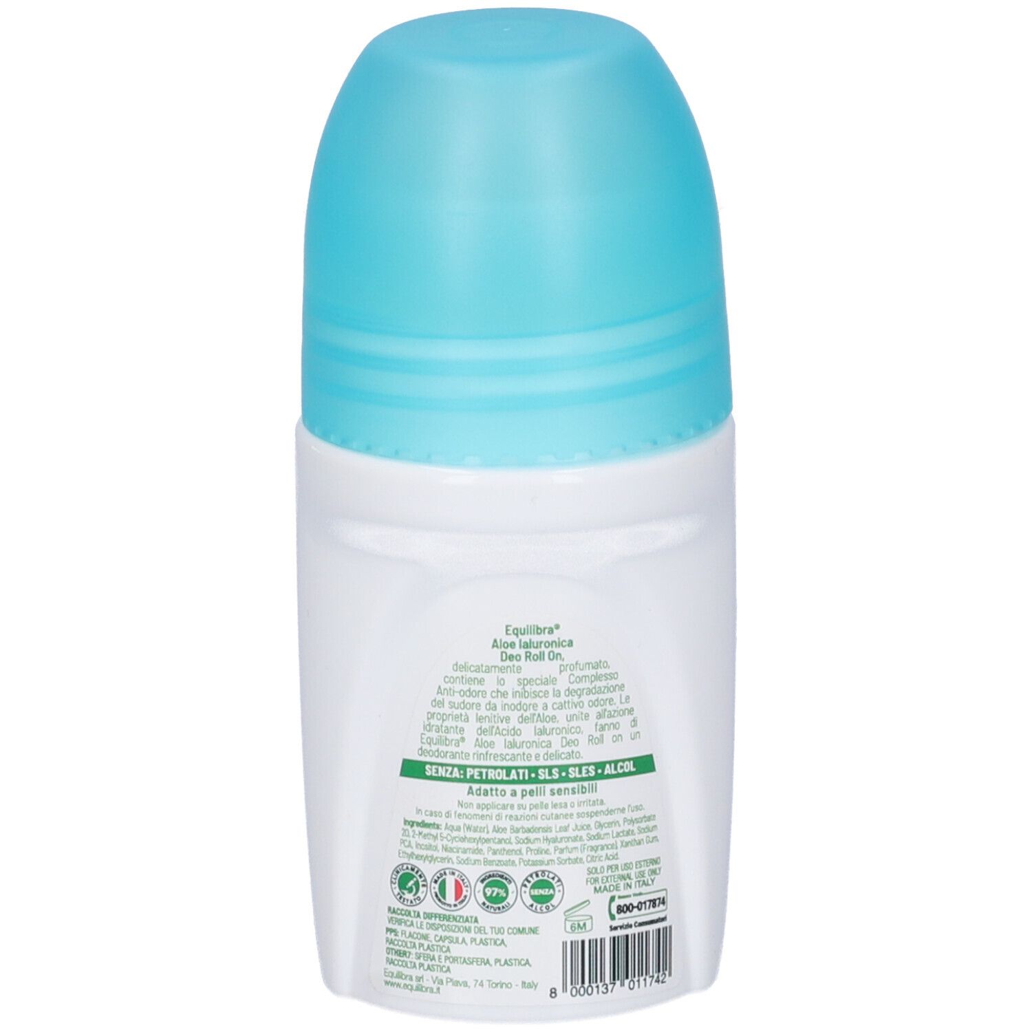 Retro del deodorante roll-on. Contenitore bianco, tappo blu. Testo: Equilibra. Ingredienti, certificazioni, codice a barre.