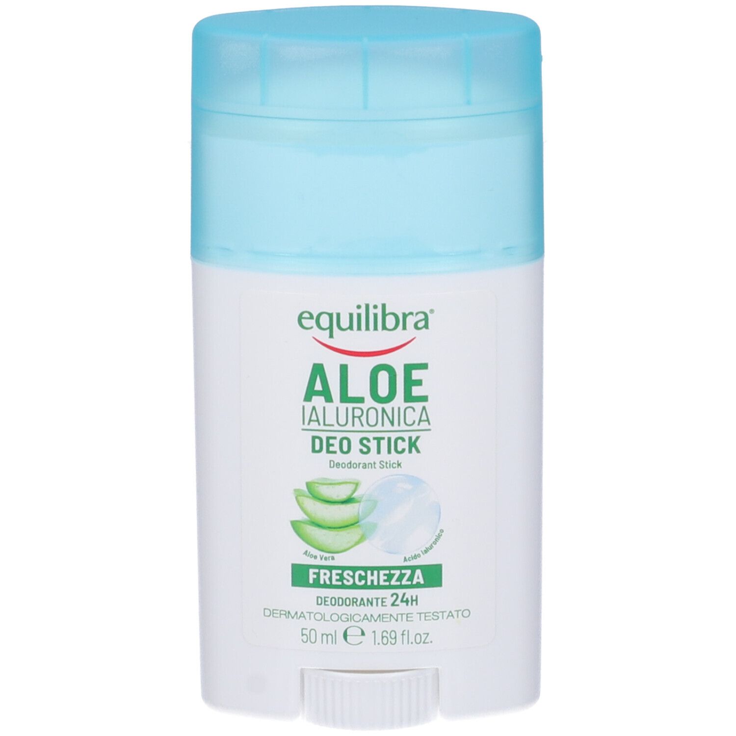 Deo stick bianco e blu. Scritta: Equilibra Aloe Ialuronica Deo Stick. Illustrazione aloe vera. Testo: Freschezza, 24h.