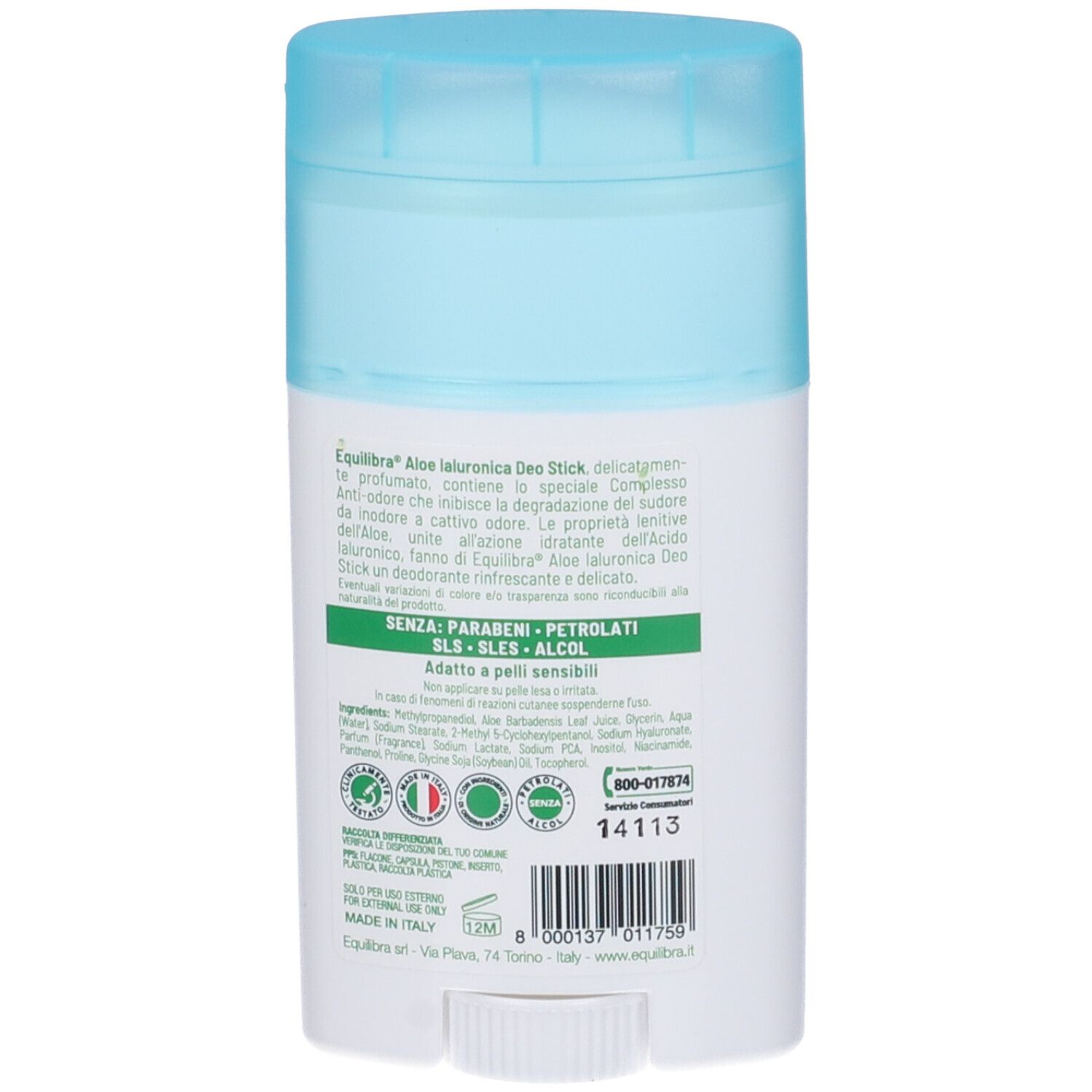 Retro del deo stick. Testo: Equilibra Aloe Ialuronica Deo Stick. Senza Parabeni, Petrolati, SLS, SLES, ALCOL. Certificazioni.