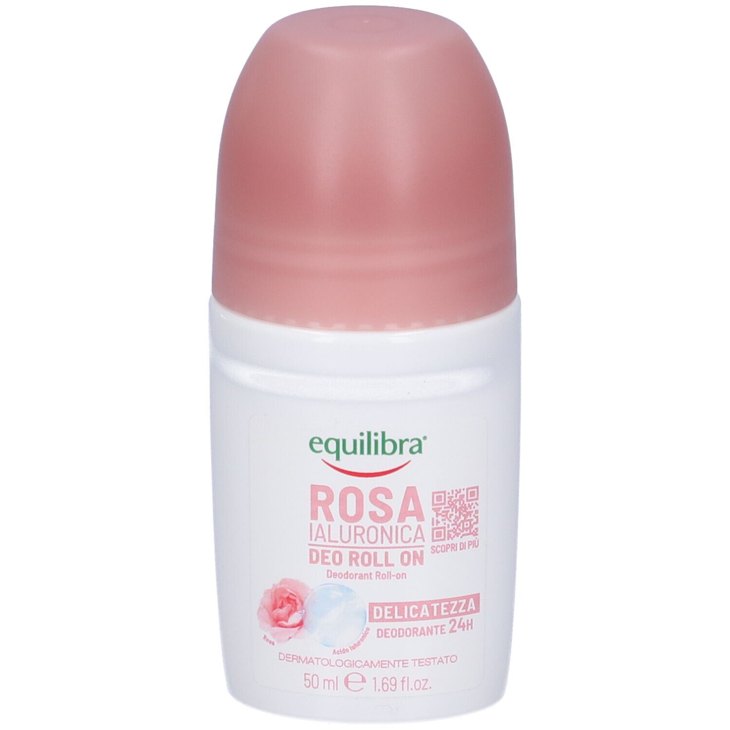 Roll-on deodorante con tappo rosa. Etichetta bianca con testo e logo. Scritta rosa "ROSA IALURONICA".