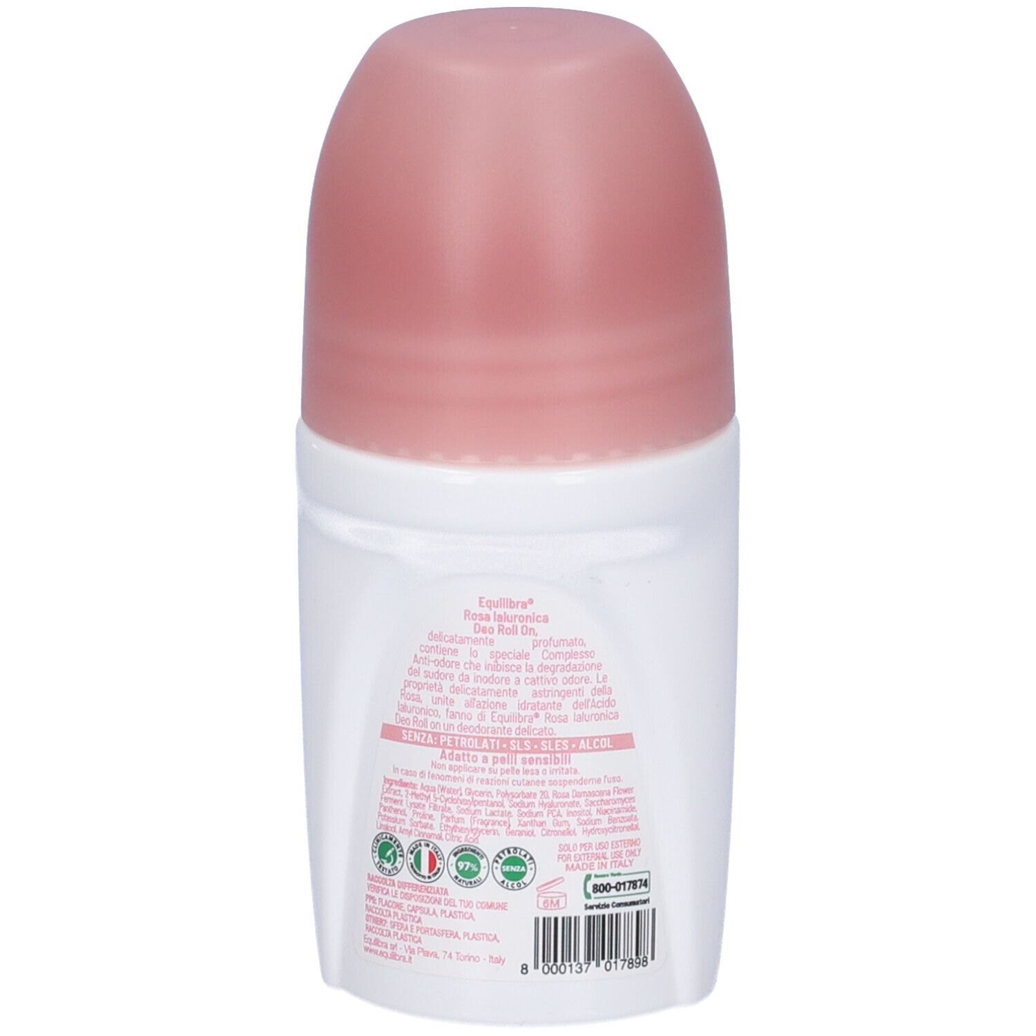 Retro del roll-on deodorante. Etichetta bianca con testo. Scritta e logo rosa. Diverse certificazioni.