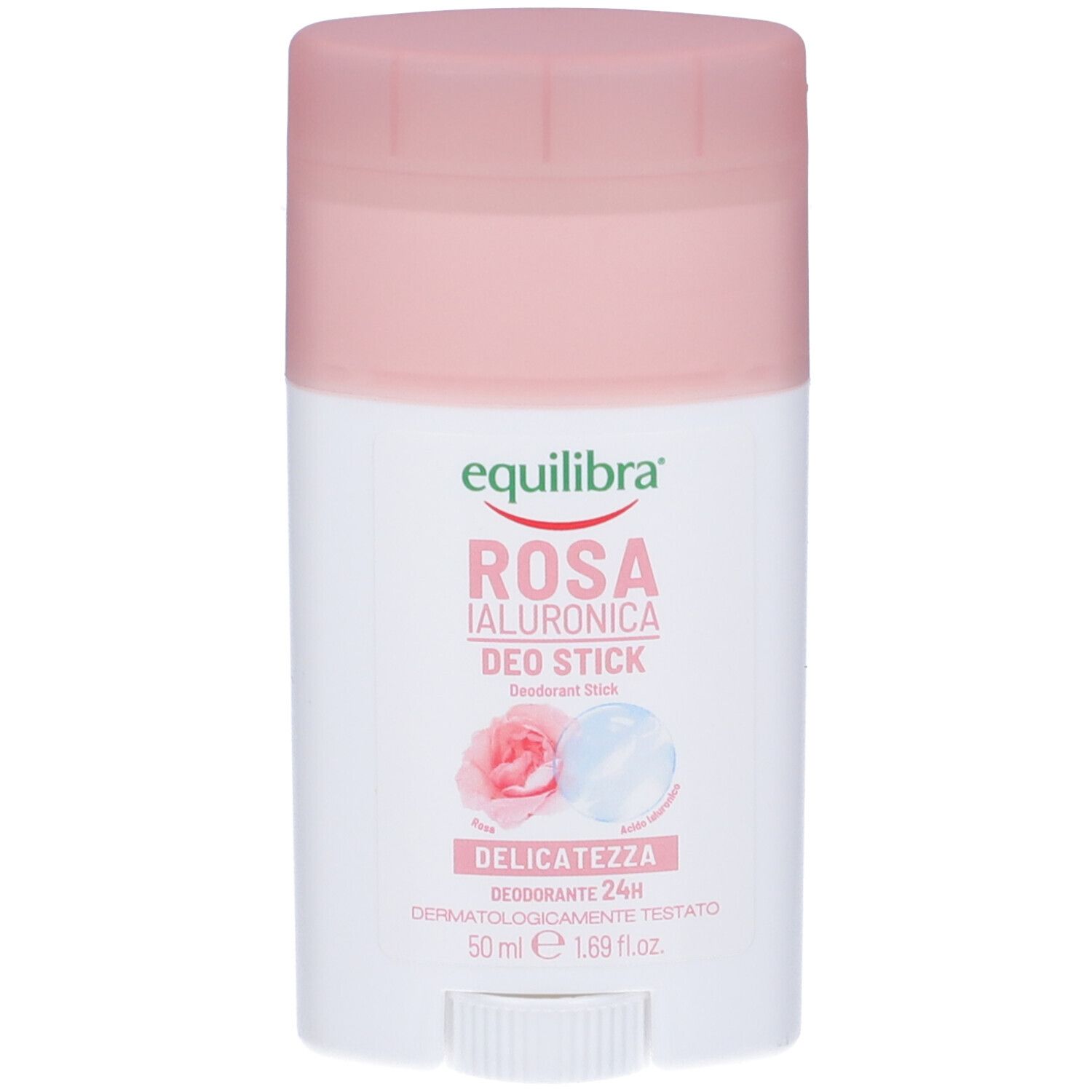 Deo Stick Rosa Equilibra. Contenitore bianco con coperchio rosa. Nome del prodotto e logo sul fronte. Dermatologicamente testato.