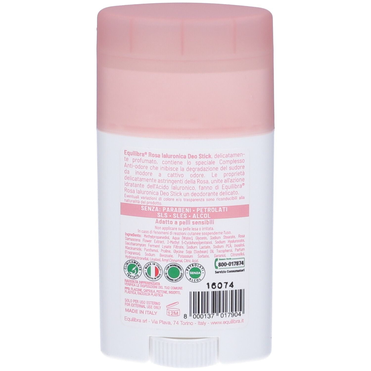 Retro del Deo Stick Rosa Equilibra. Testo, ingredienti e loghi. Senza parabeni e petrolati. Prodotto in Italia.