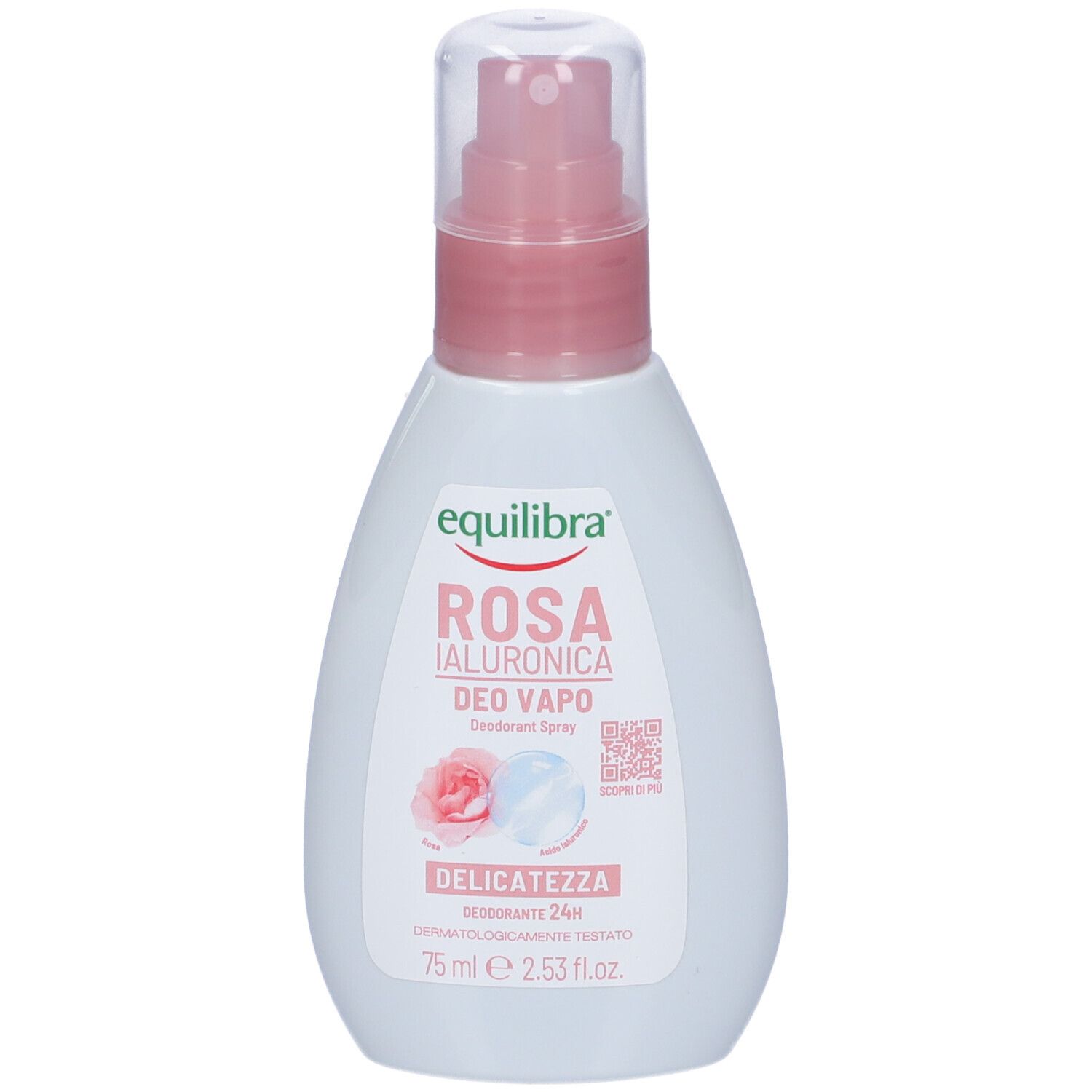 Spray deodorante bianco con erogatore rosa. Scritte: Equilibra, Rosa Ialuronica Deo Vapo. Illustrazione di rosa e goccia.