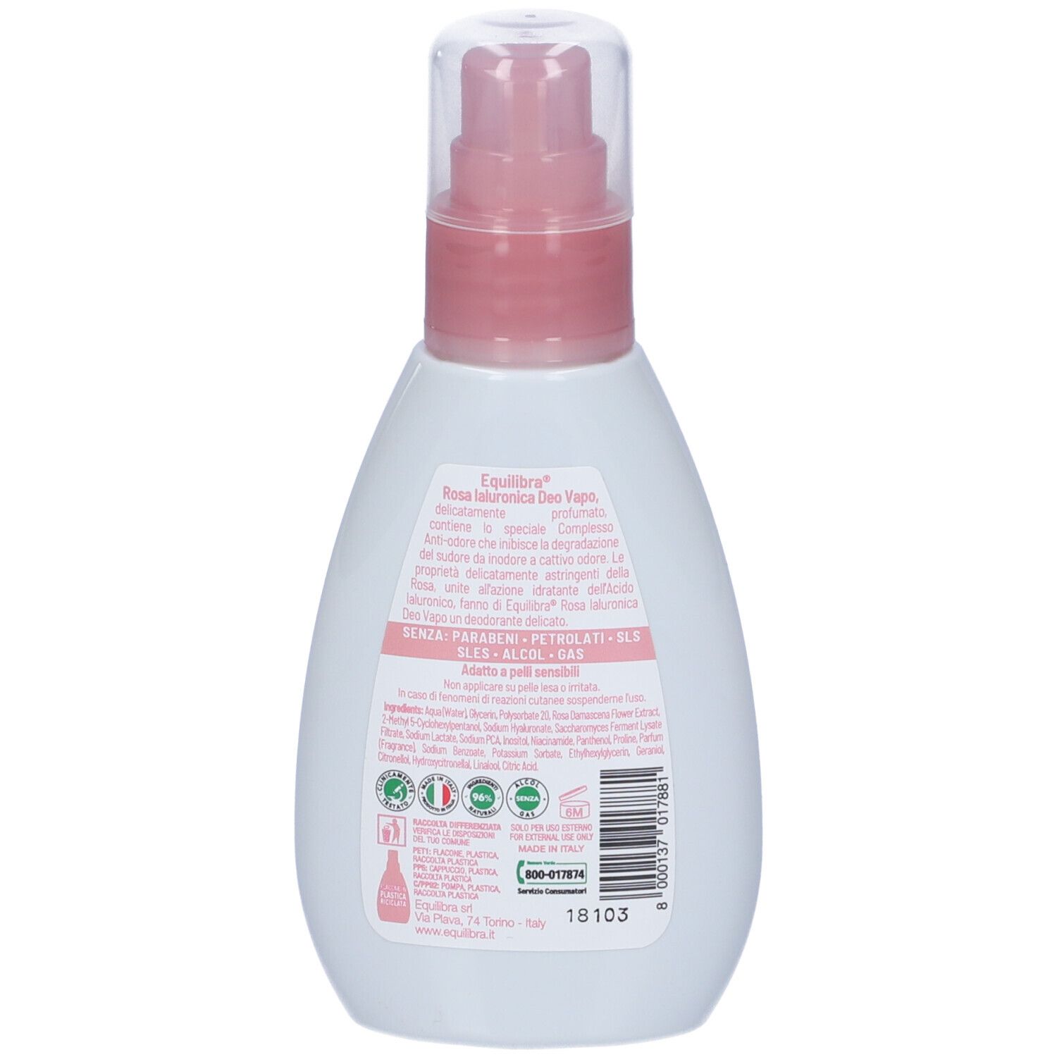 Retro dello spray deodorante bianco. Testo: Equilibra, Rosa Ialuronica Deo Vapo. Ingredienti, certificazioni e codice a barre.