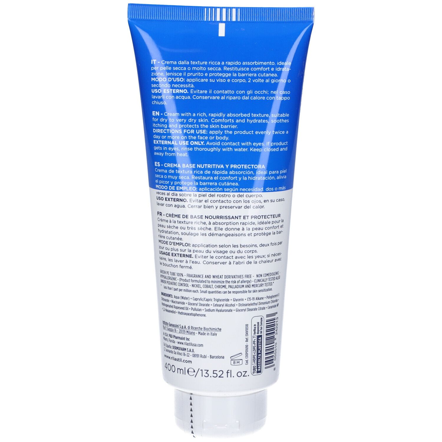 Tubo blu e bianco. Testo in italiano, inglese, spagnolo e francese. Contenuto: 400 ml/13.52 fl. oz.