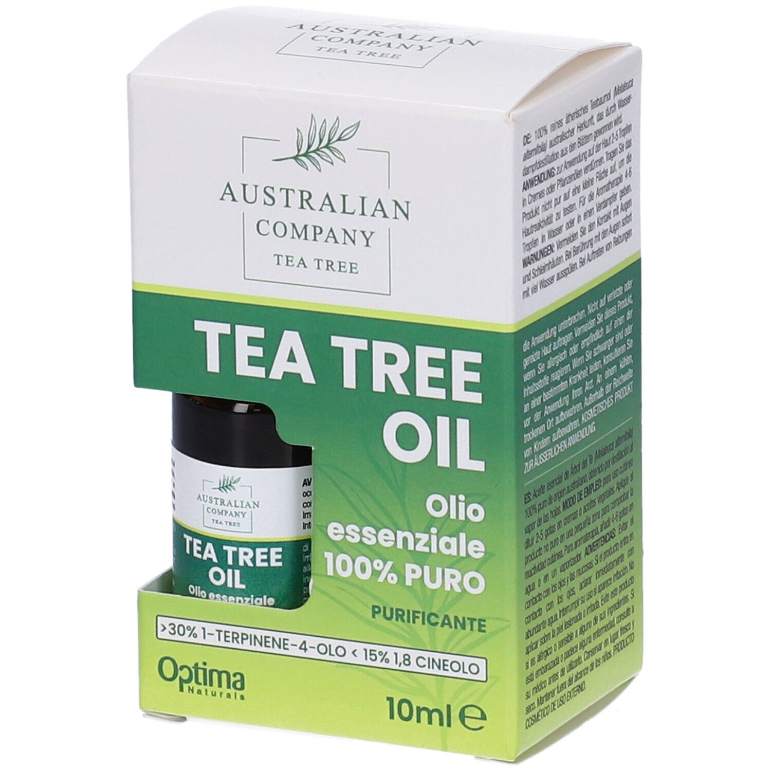 Flacone di olio di Tea Tree in confezione. Scritta: Australian Company Tea Tree Oil, 10 ml.