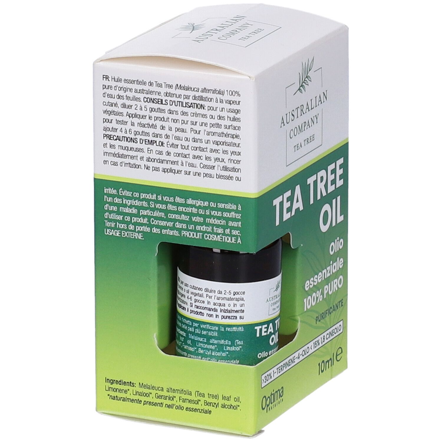 Retro della confezione con testo. Flacone di olio di Tea Tree visibile.