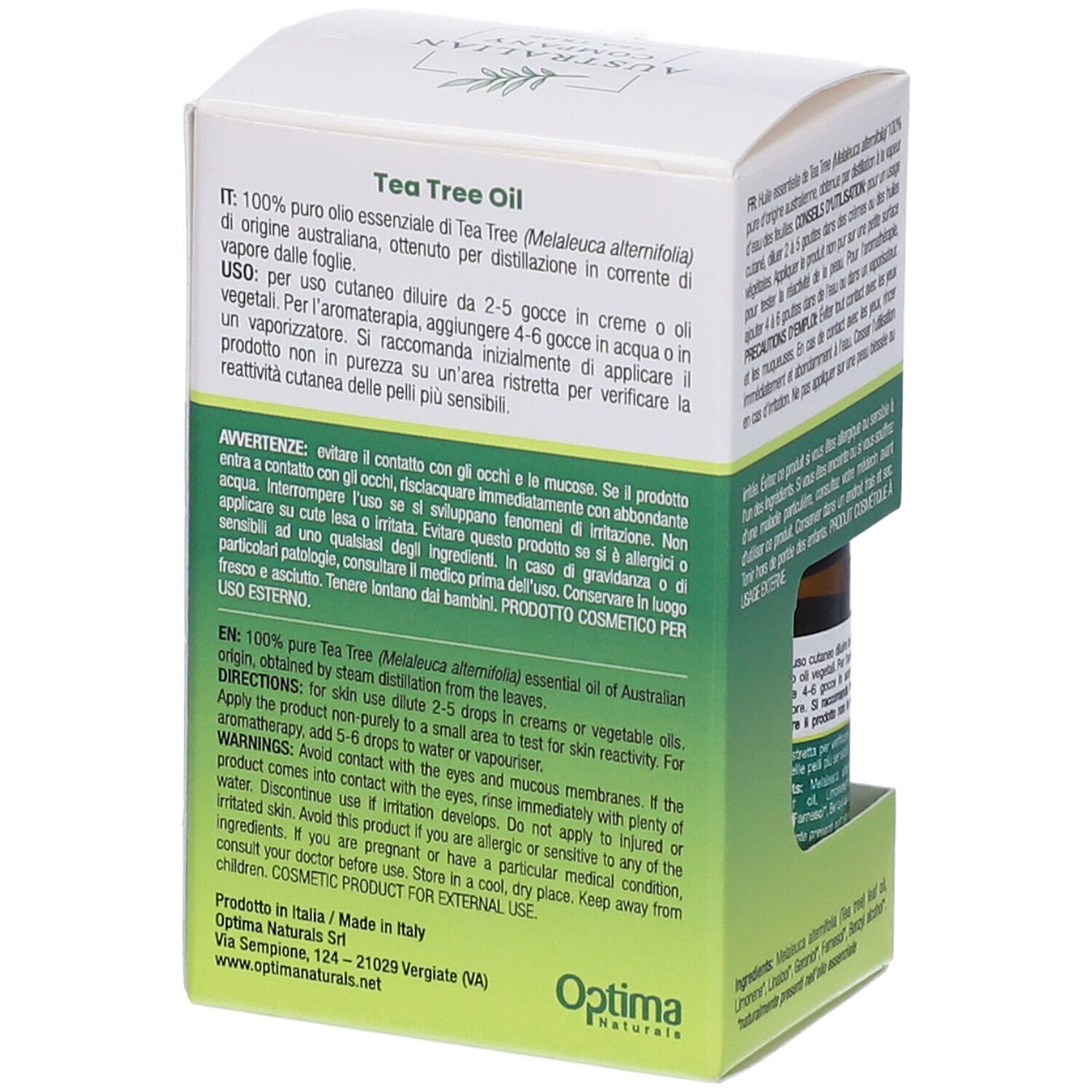 Confezione con testo. Flacone di olio di Tea Tree visibile. Scritta: 100% puro.