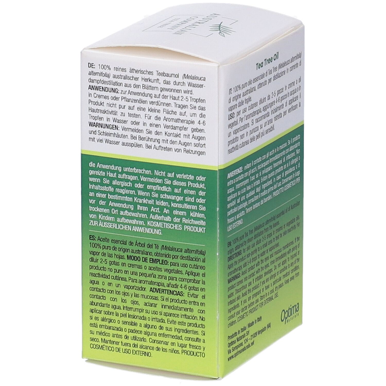 Confezione con testo. Flacone di olio di Tea Tree visibile. Scritta: 100% puro.