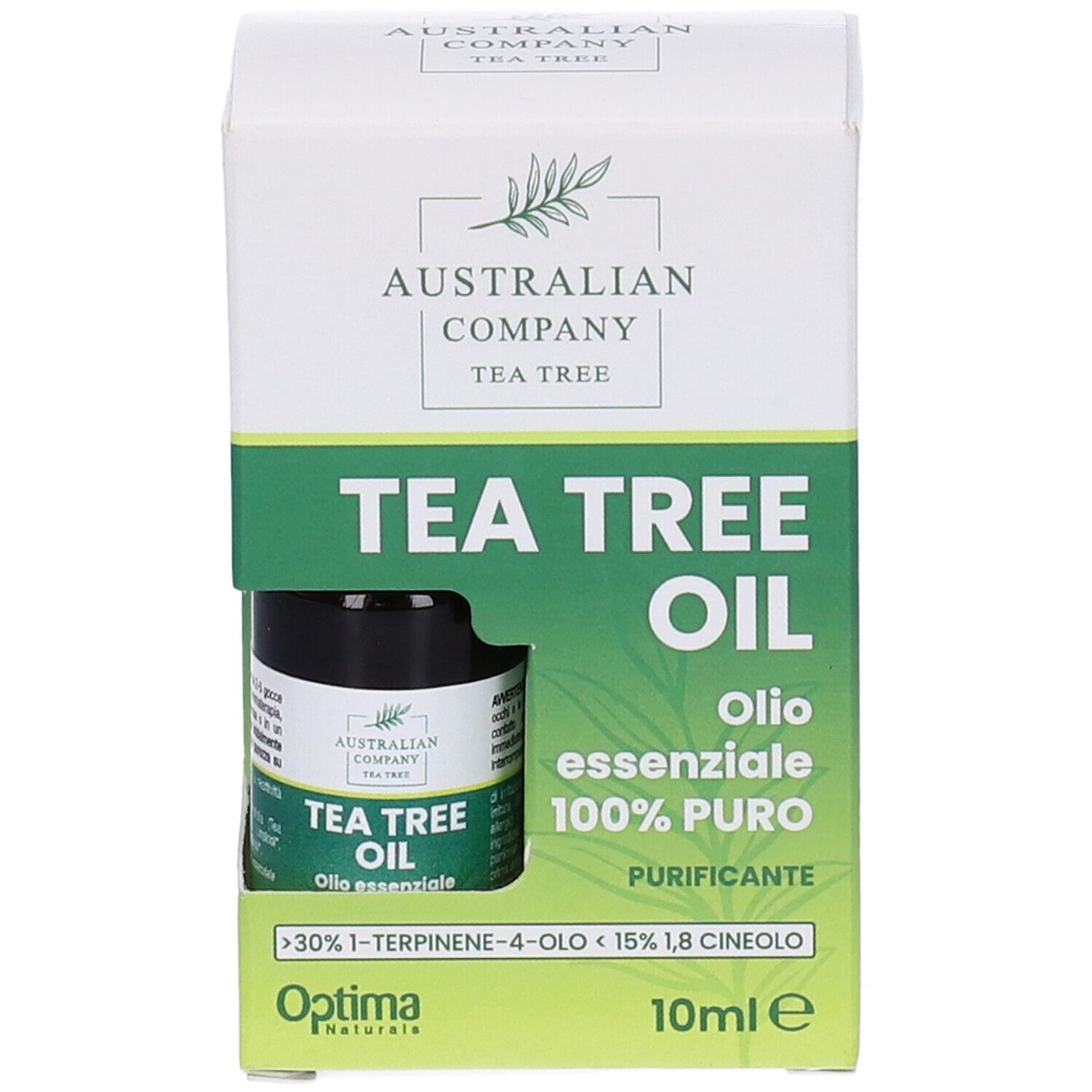 Flacone di olio di Tea Tree in confezione. Scritta: Australian Company Tea Tree Oil, 10 ml.