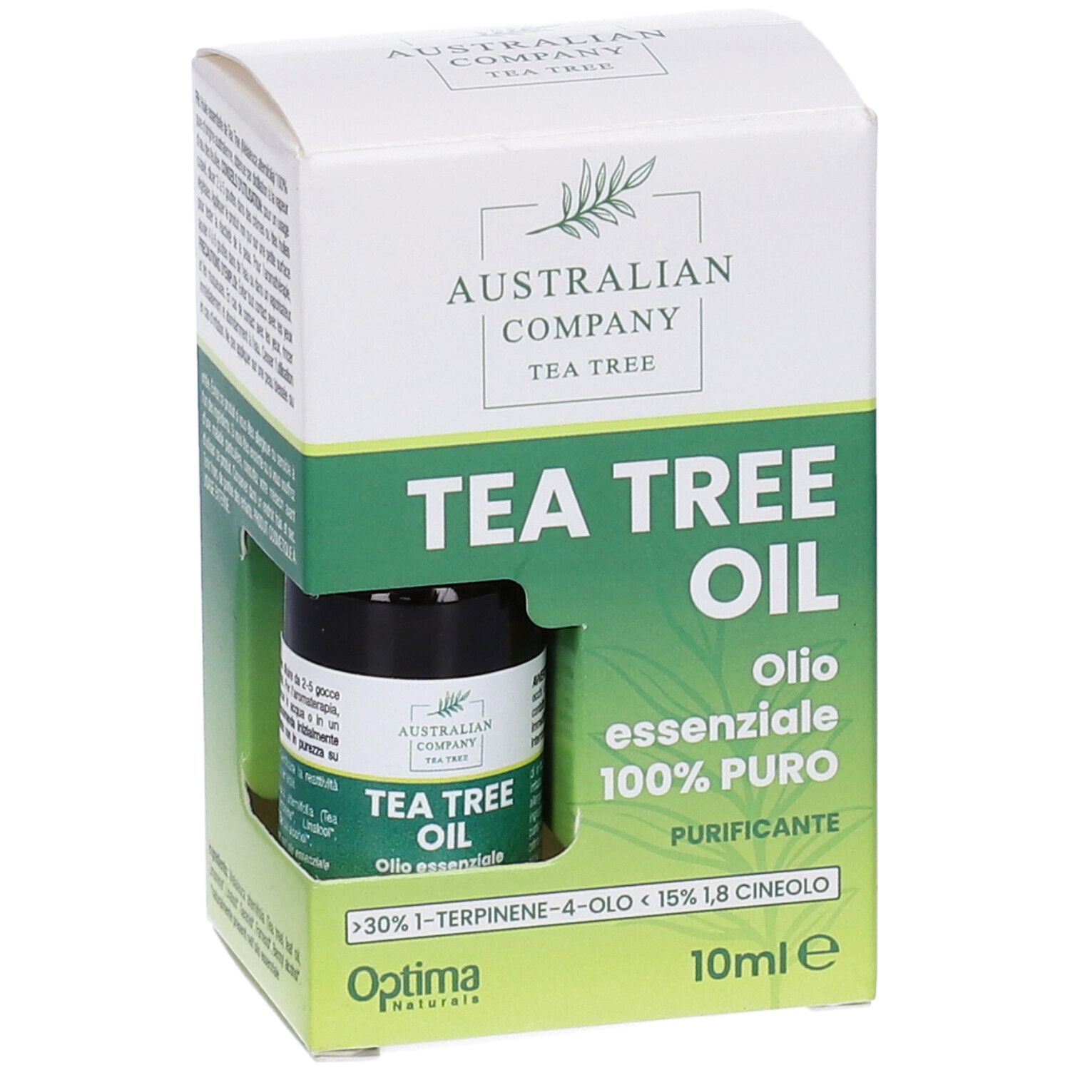 Flacone di olio di Tea Tree in confezione. Scritta: Australian Company Tea Tree Oil, 10 ml.