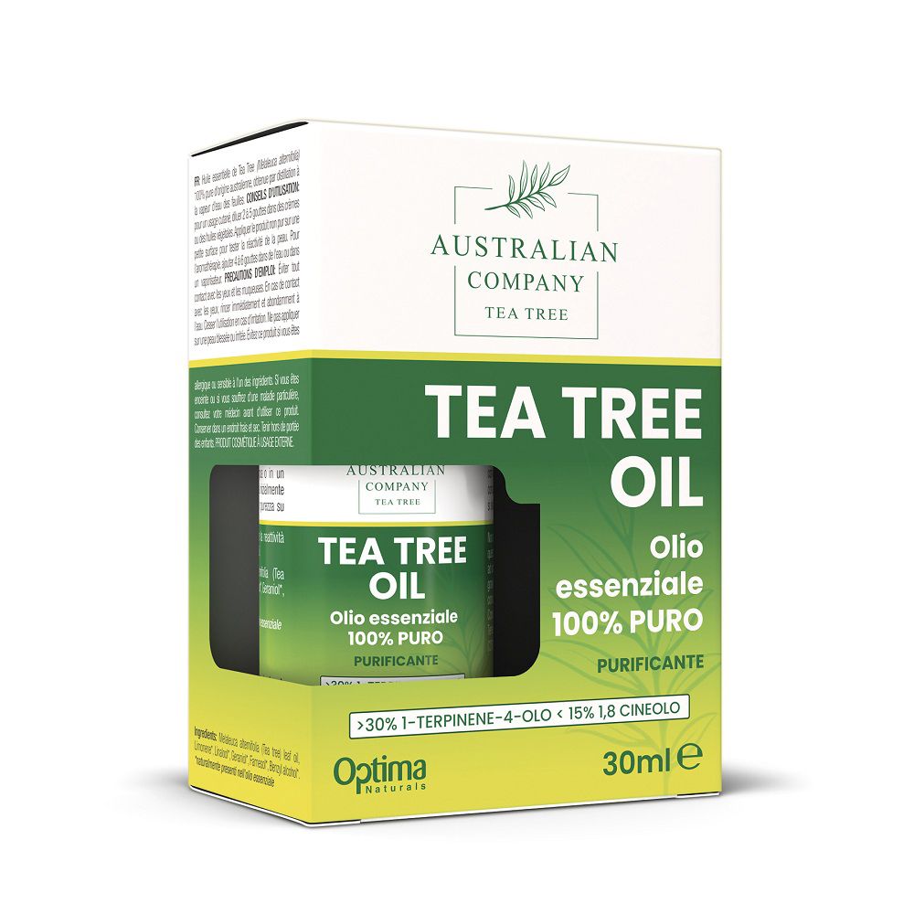 Verpackung mit Teebaumöl Flasche. Marke: Australian Company.