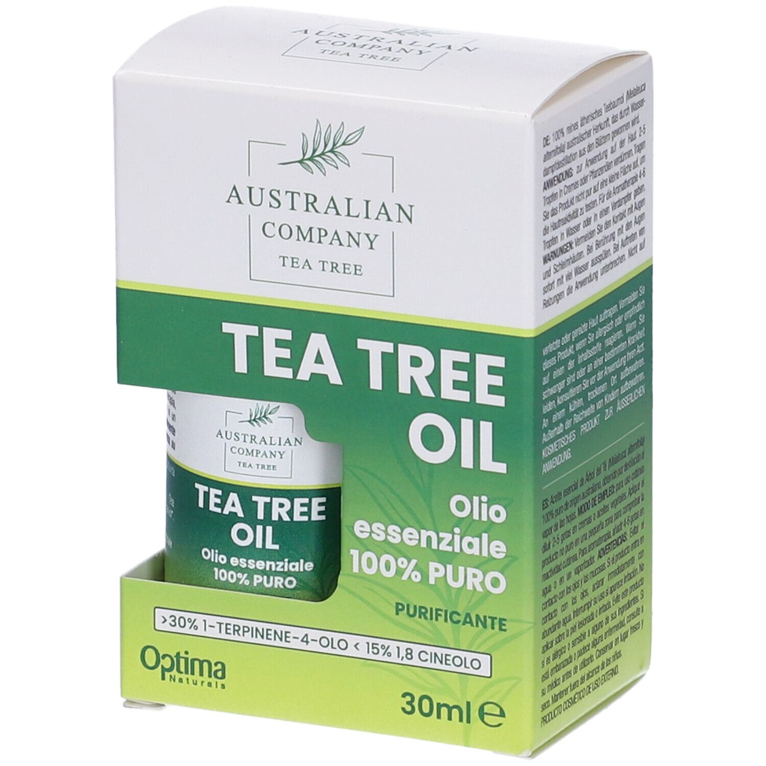 Verpackung mit Flasche. "Australian Company Tea Tree Oil". Flasche mit grünem Etikett. "100% puro". 30ml.