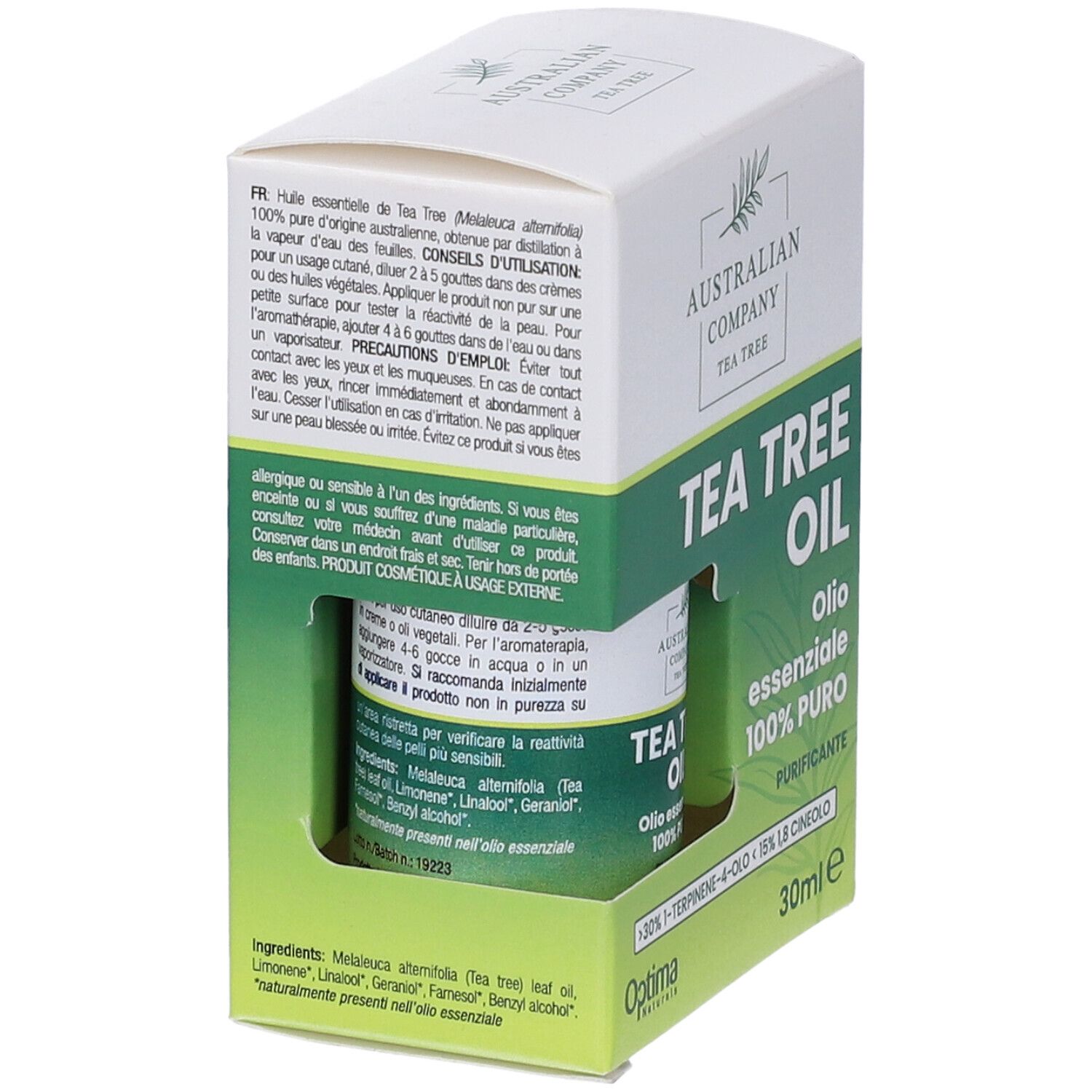 Verpackung mit Flasche. "Australian Company Tea Tree Oil". Rückseite mit Text. Flasche sichtbar.