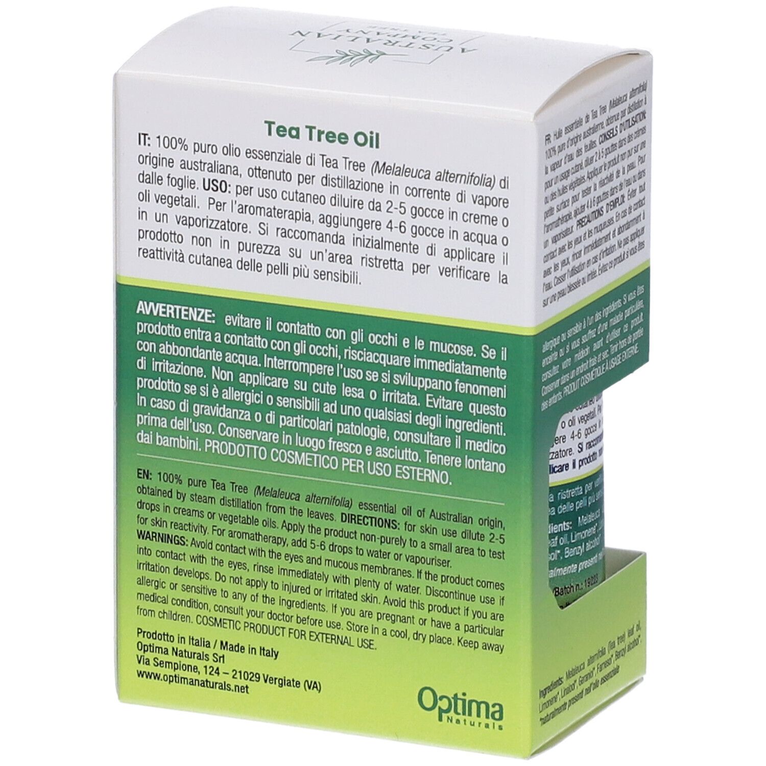 Verpackung mit Flasche. "Australian Company Tea Tree Oil". Rückseite mit Text. Flasche sichtbar.