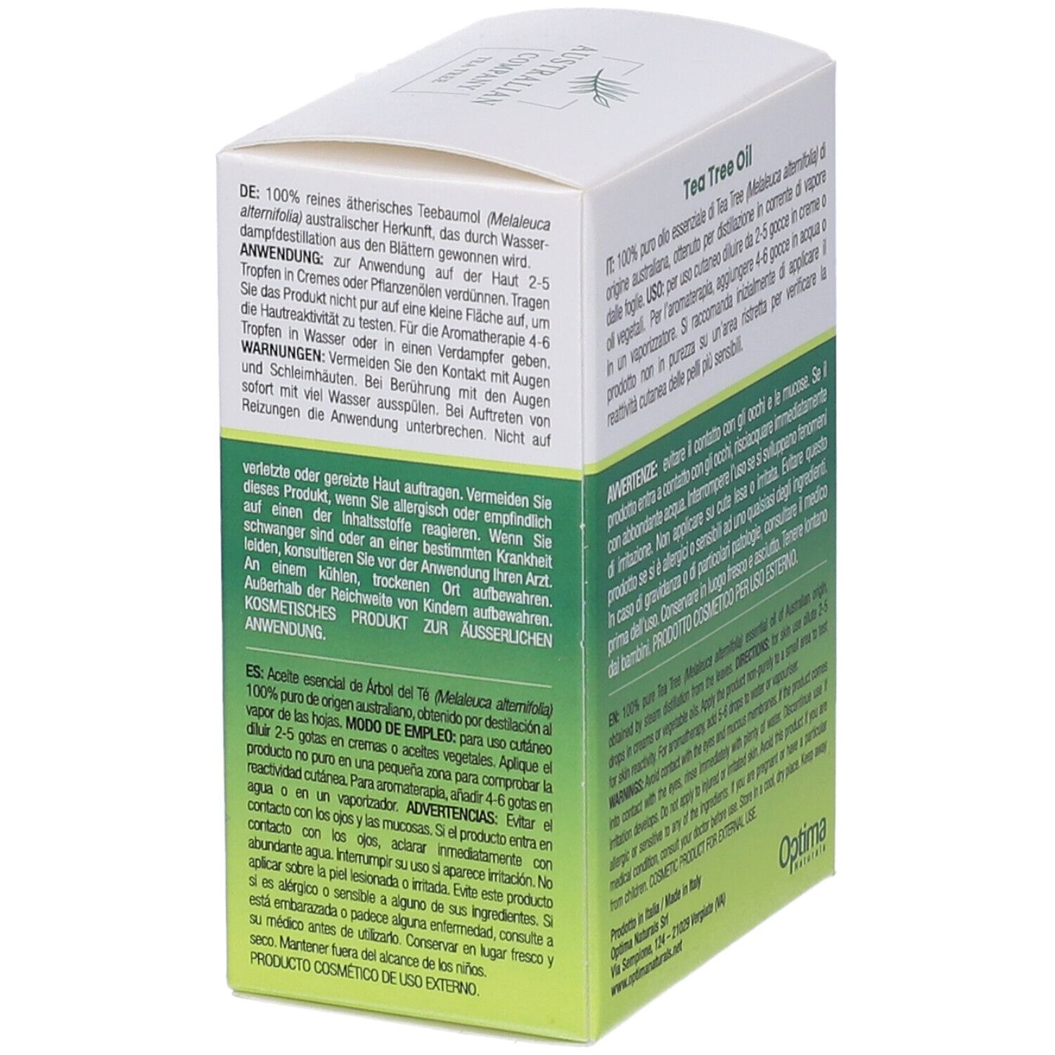 Verpackung mit Flasche. "Australian Company Tea Tree Oil". Rückseite mit Text. Flasche sichtbar.