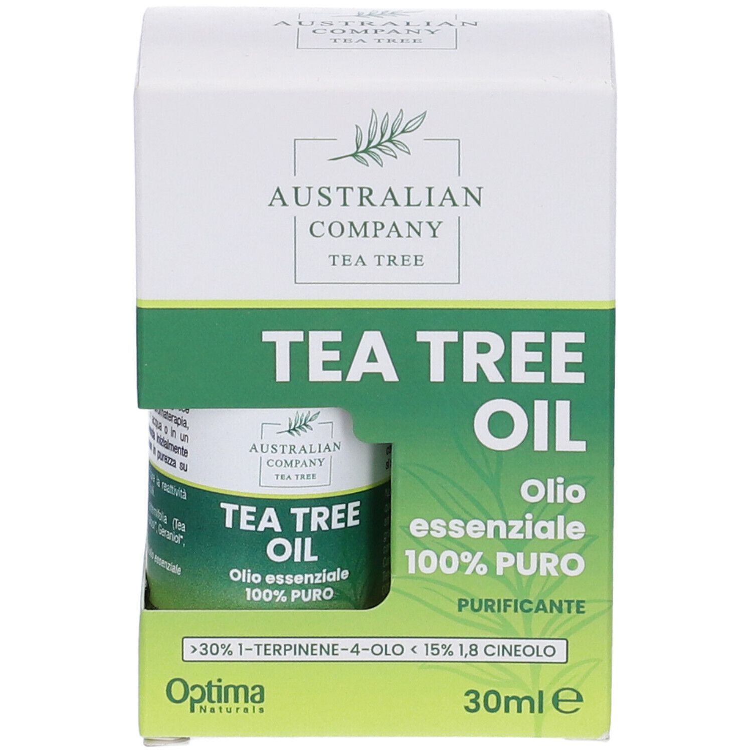 Verpackung mit Flasche. "Australian Company Tea Tree Oil". Flasche mit grünem Etikett. "100% puro". 30ml.