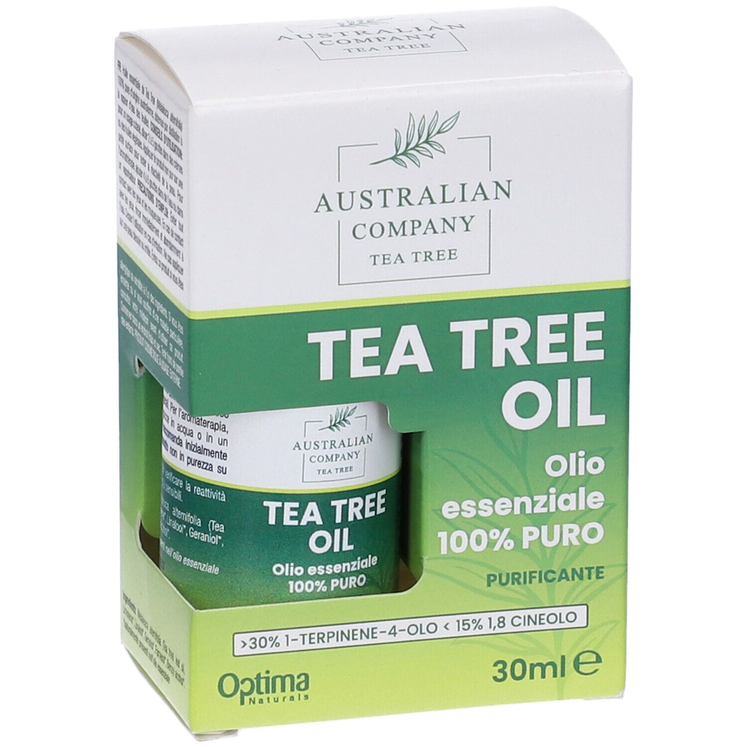 Verpackung mit Flasche. "Australian Company Tea Tree Oil". Flasche mit grünem Etikett. "100% puro". 30ml.