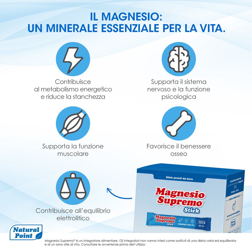 Magnesio Supremo Stick Verpackung mit Icons, die Vorteile wie Energie und Muskelfunktion darstellen.