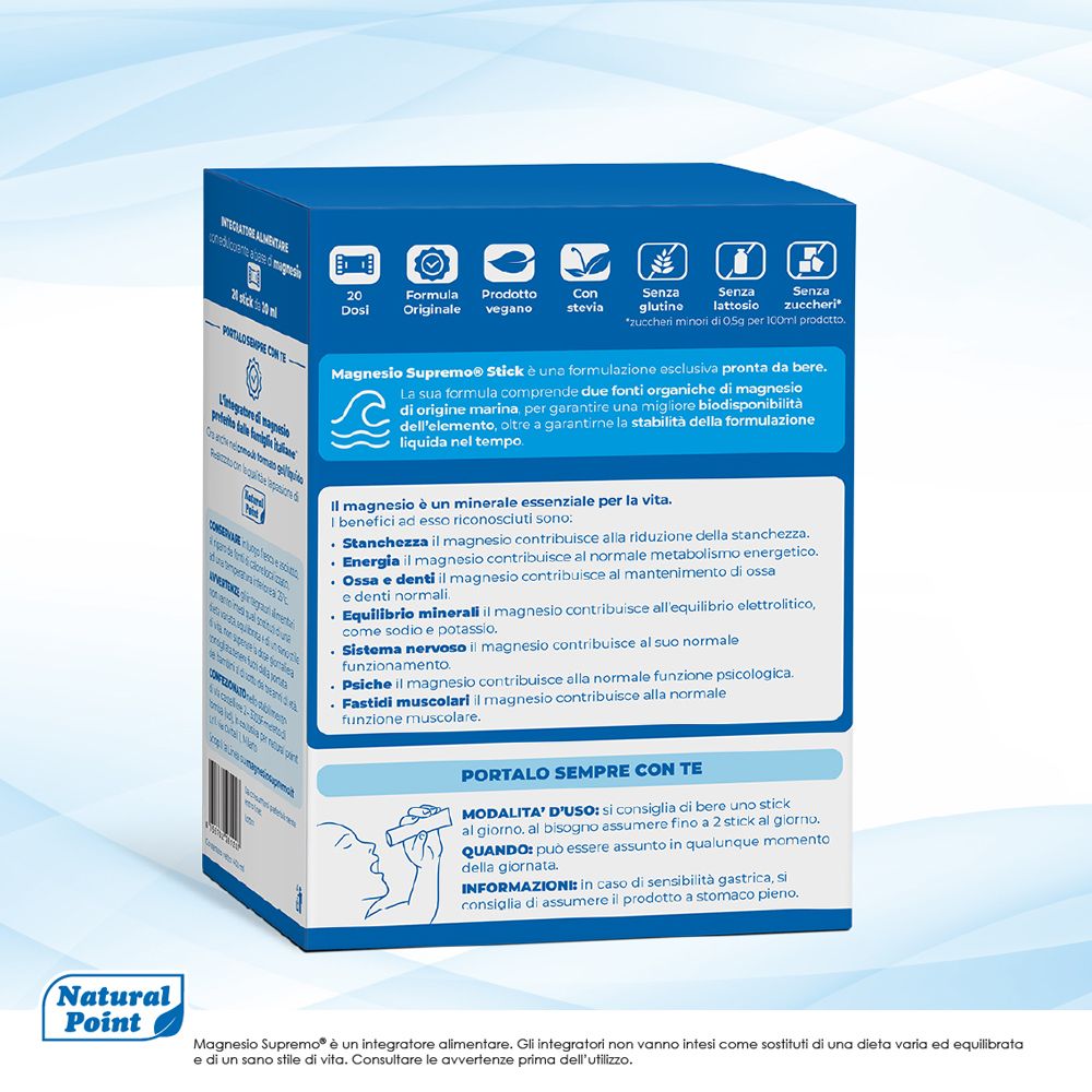 Rückseite der Magnesio Supremo Stick Verpackung mit detaillierten Produktinformationen und Anwendungshinweisen.