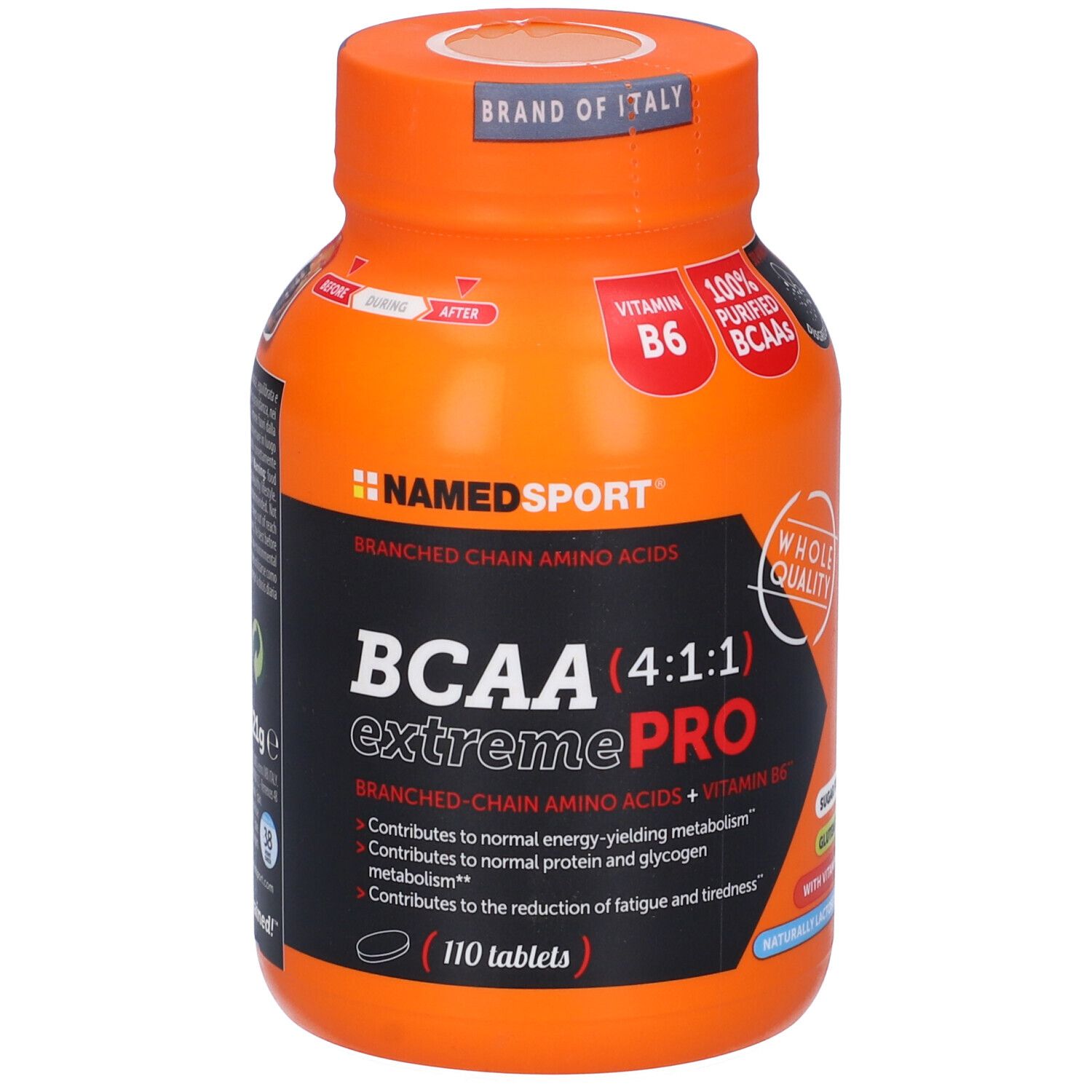 Flacone arancione di compresse con etichetta nera. Scritta: BCAA (4:1:1) extremePRO, vitamina B6, 110 compresse.