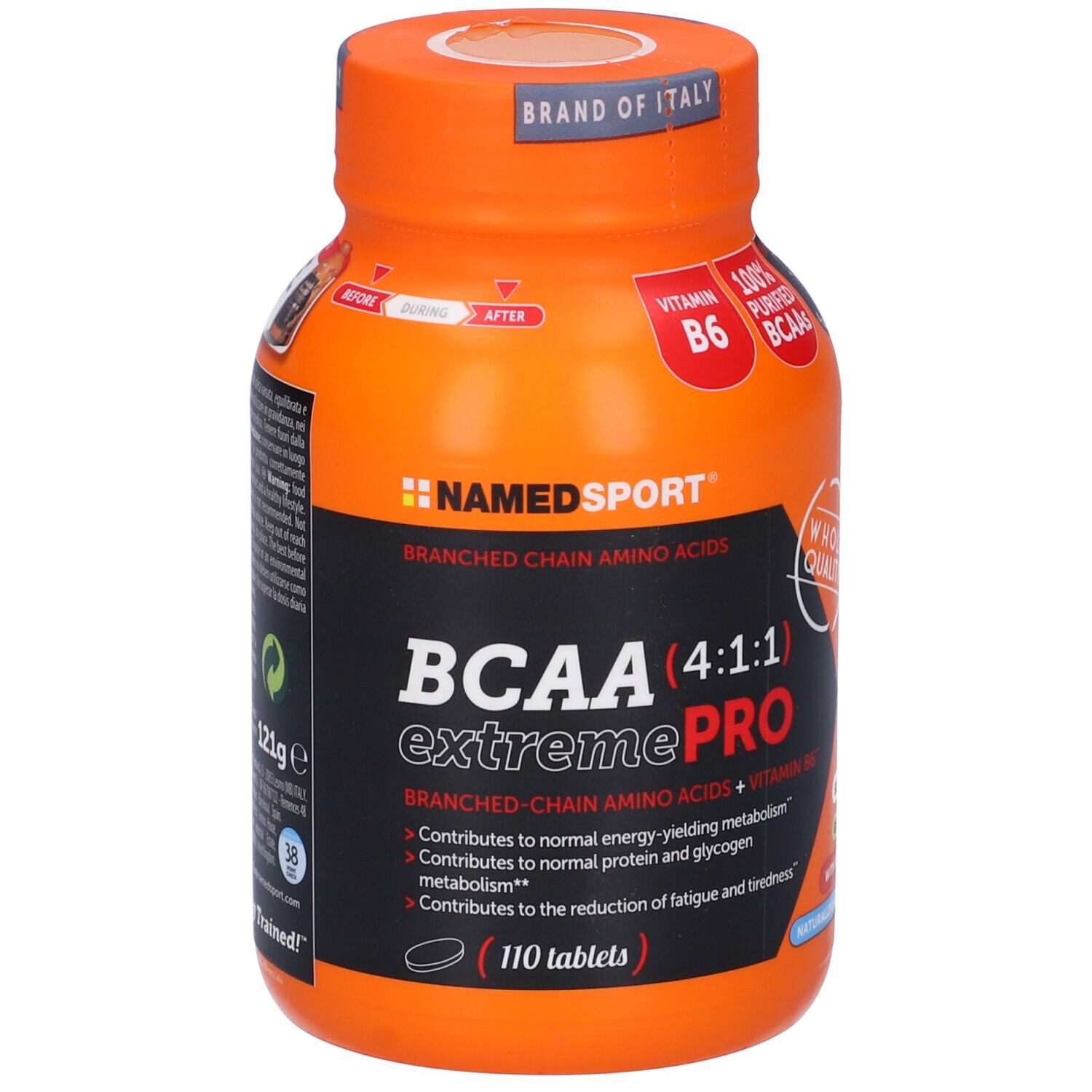 Flacone arancione di compresse con etichetta nera. Scritta: BCAA (4:1:1) extremePRO, vitamina B6, 110 compresse, 121g.