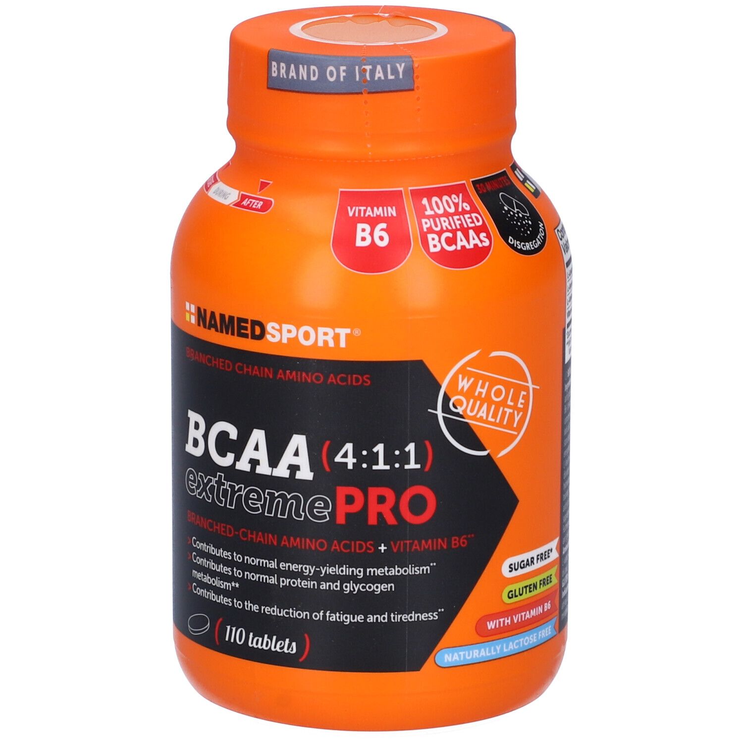 Flacone arancione di compresse con etichetta nera. Scritta: BCAA (4:1:1) extremePRO, vitamina B6, 110 compresse, senza zucchero, senza glutine.