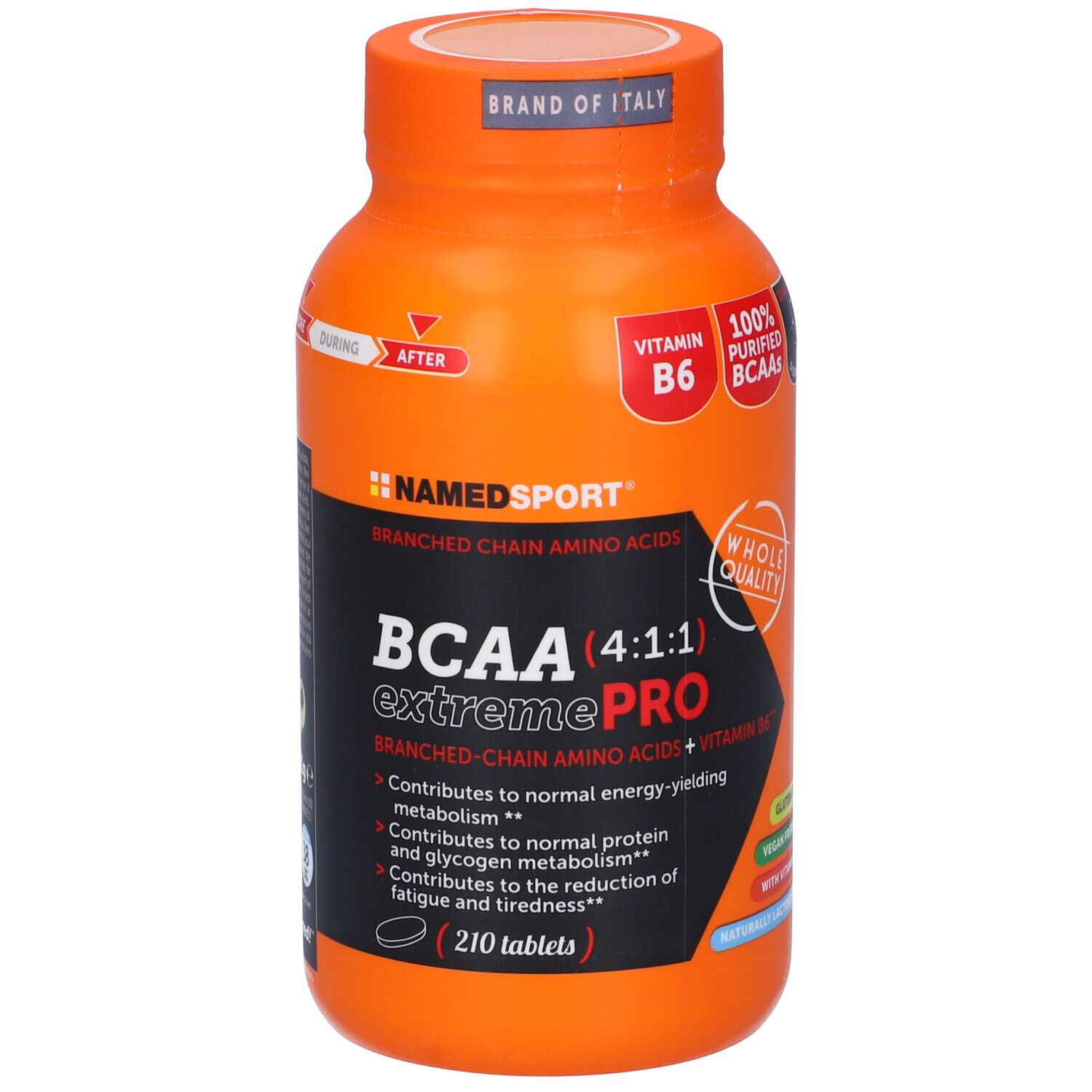 Flacone arancione con etichetta nera. Scritta: BCAA (4:1:1) extremePRO, 210 compresse. Marchio: NamedSport.
