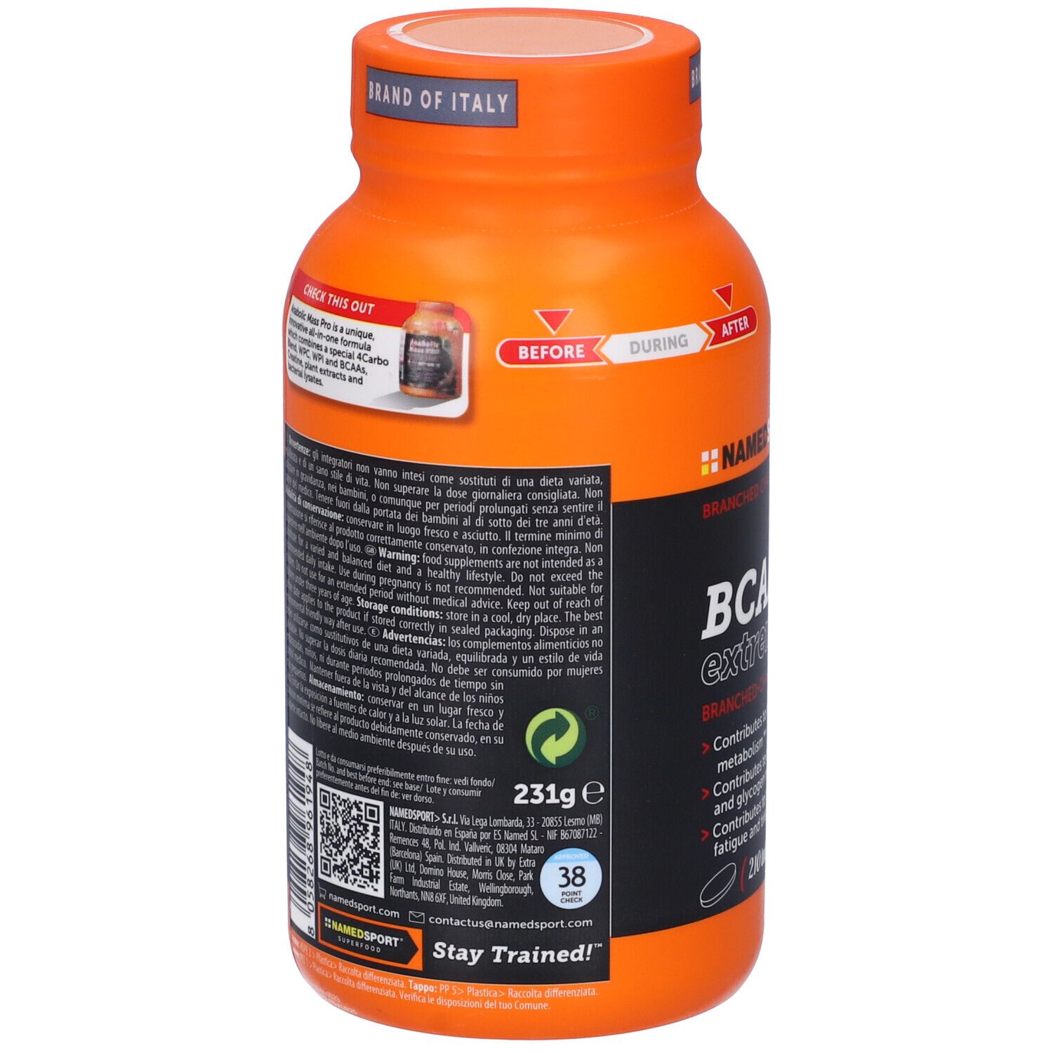 Retro del flacone arancione. Etichetta nera con testo e codice QR. Marchio: NamedSport. Peso: 231g.