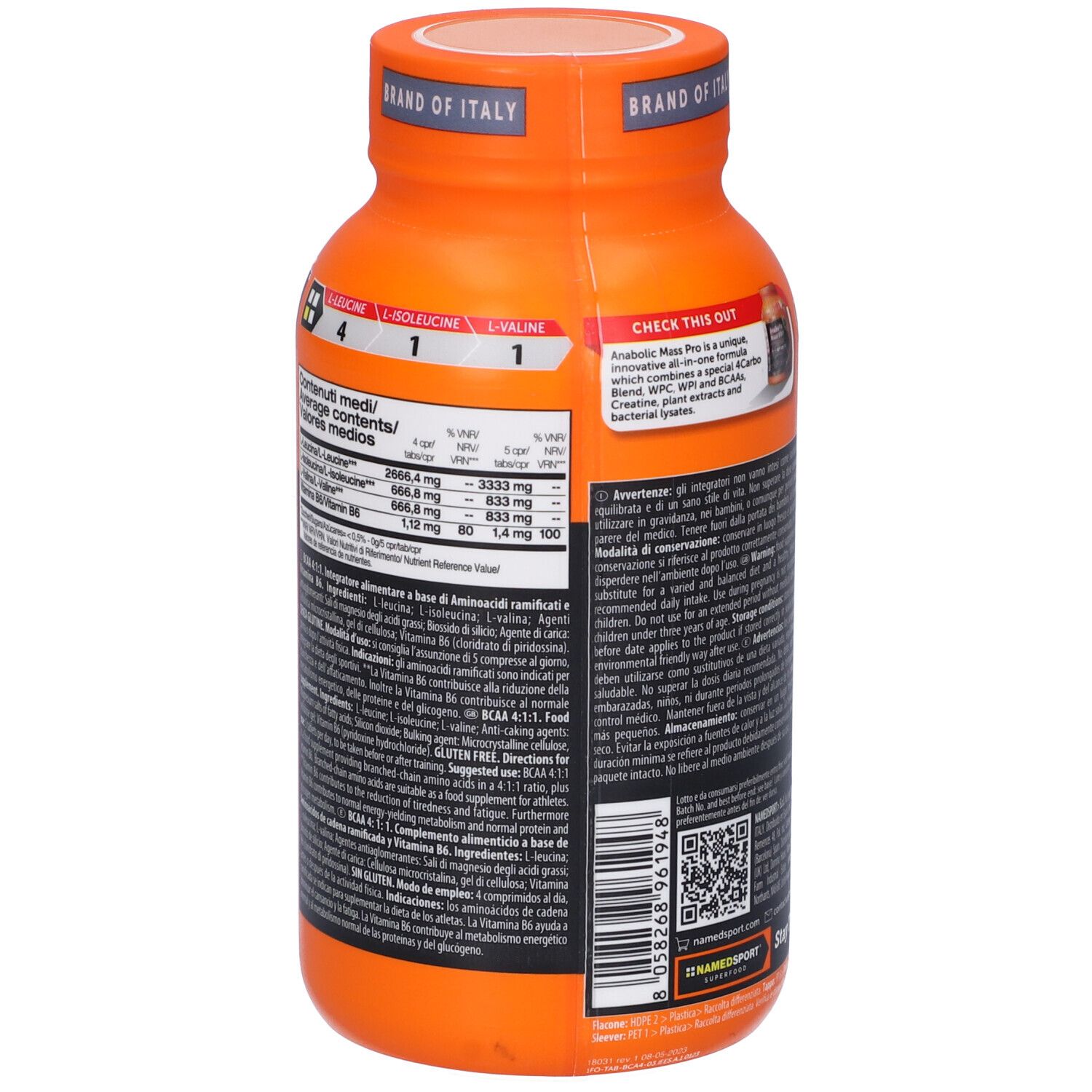 Retro del flacone arancione. Etichetta nera con testo e informazioni nutrizionali. Marchio: NamedSport.