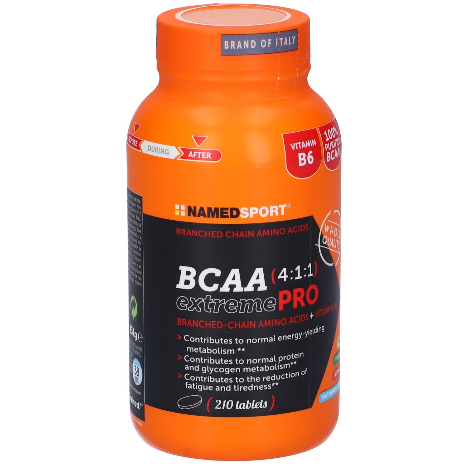 Flacone arancione con etichetta nera. Scritta: BCAA (4:1:1) extremePRO, 210 compresse. Marchio: NamedSport.
