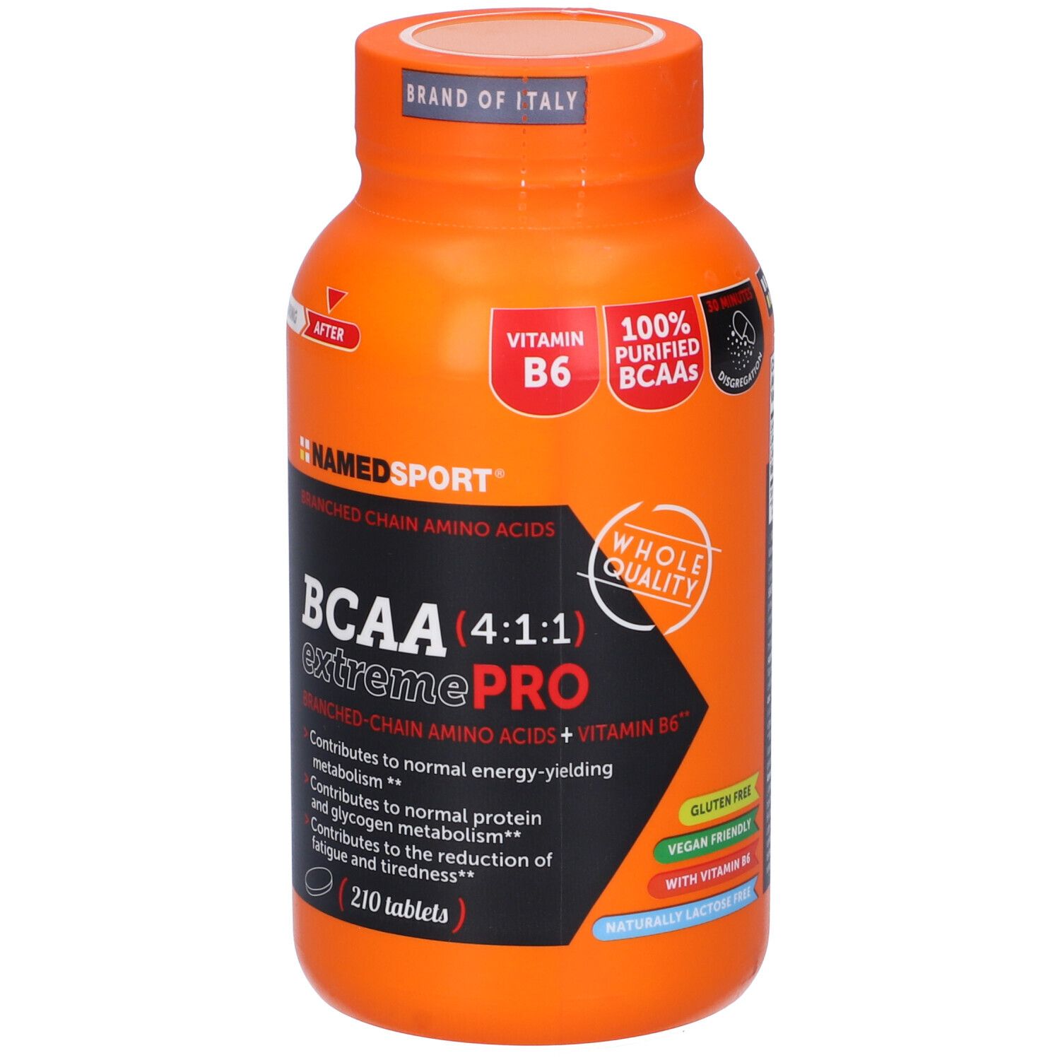 Flacone arancione con etichetta nera. Scritta: BCAA (4:1:1) extremePRO, 210 compresse. Marchio: NamedSport.